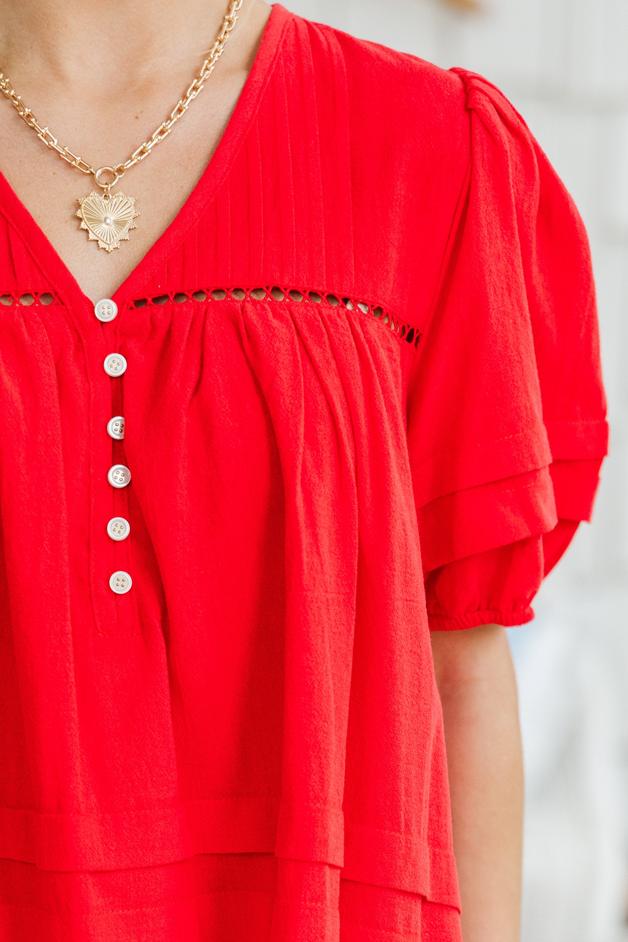 Red Eyelet Pleated Dress for Women - Elegant Summer Floral Midi Dress with Comfortable Fit | Perfect for Parties, Weddings & Casual Outings