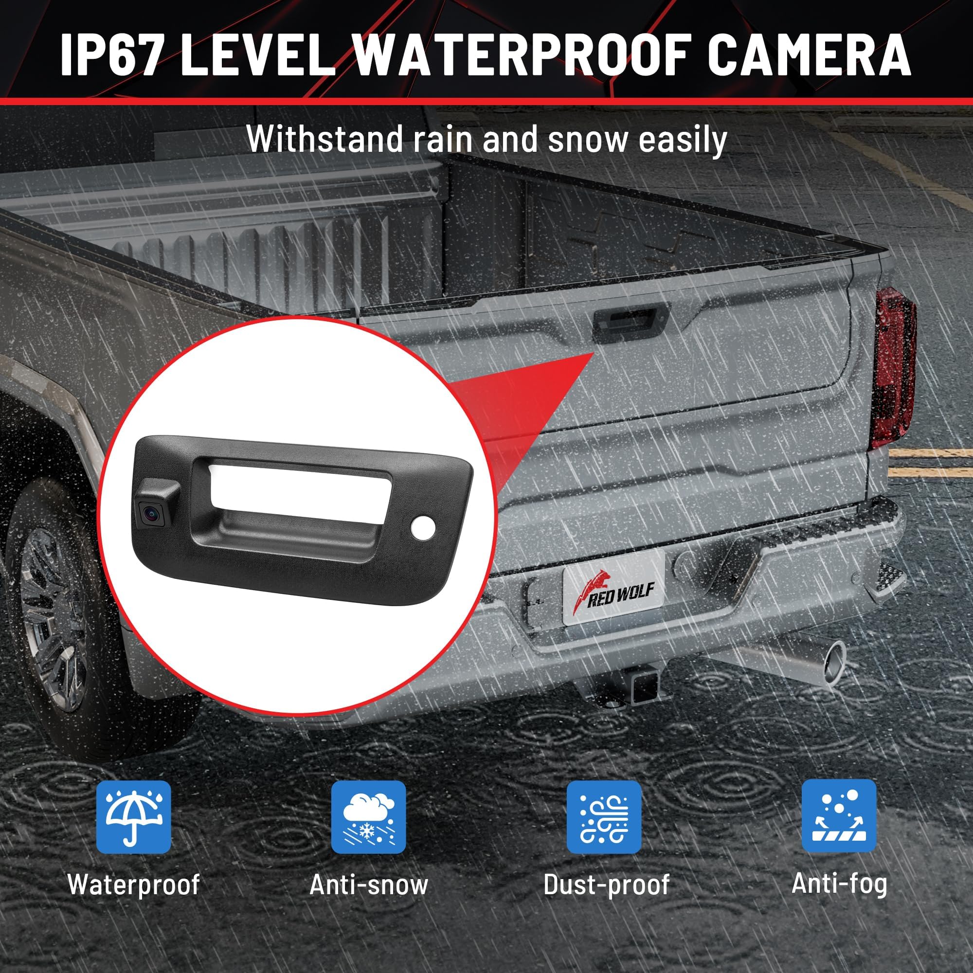 RED WOLF Tailgate Handle with Backup Camera - Removable Guideline Reverse Parking System for Chevrolet Silverado & GMC Sierra 1500/2500HD (2007-2013 Models) - Waterproof Rear View Safety Camera with Wide Angle Lens - Perfect for Parking, Towing & Off-Road Adventures