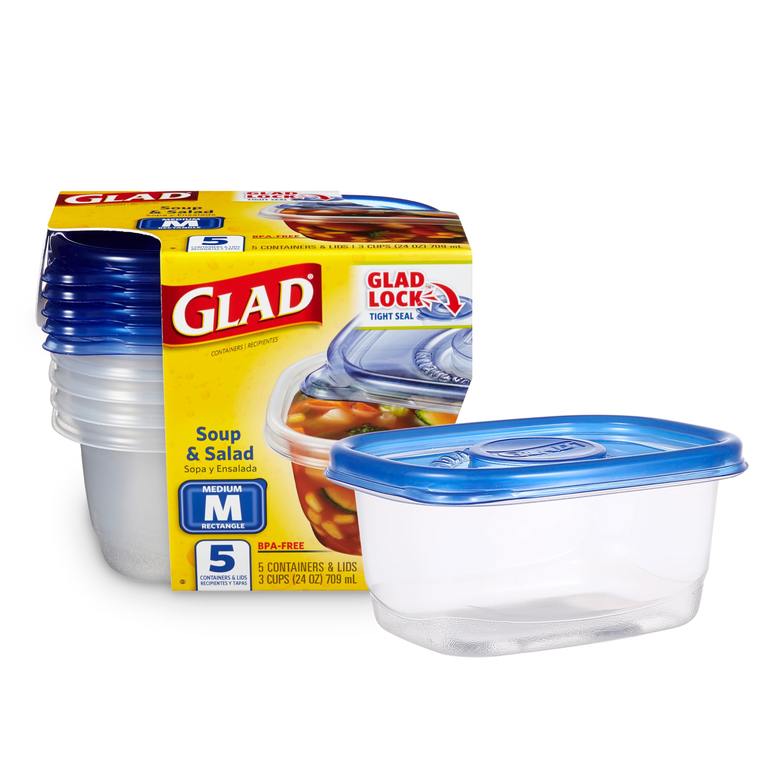 GladWare 24oz Medium Rectangle Food Storage Containers | 5-Piece Set for Soup, Salad & Meal Prep | BPA-Free, Leak-Proof & Microwave Safe | Perfect for Home, Office & Picnics