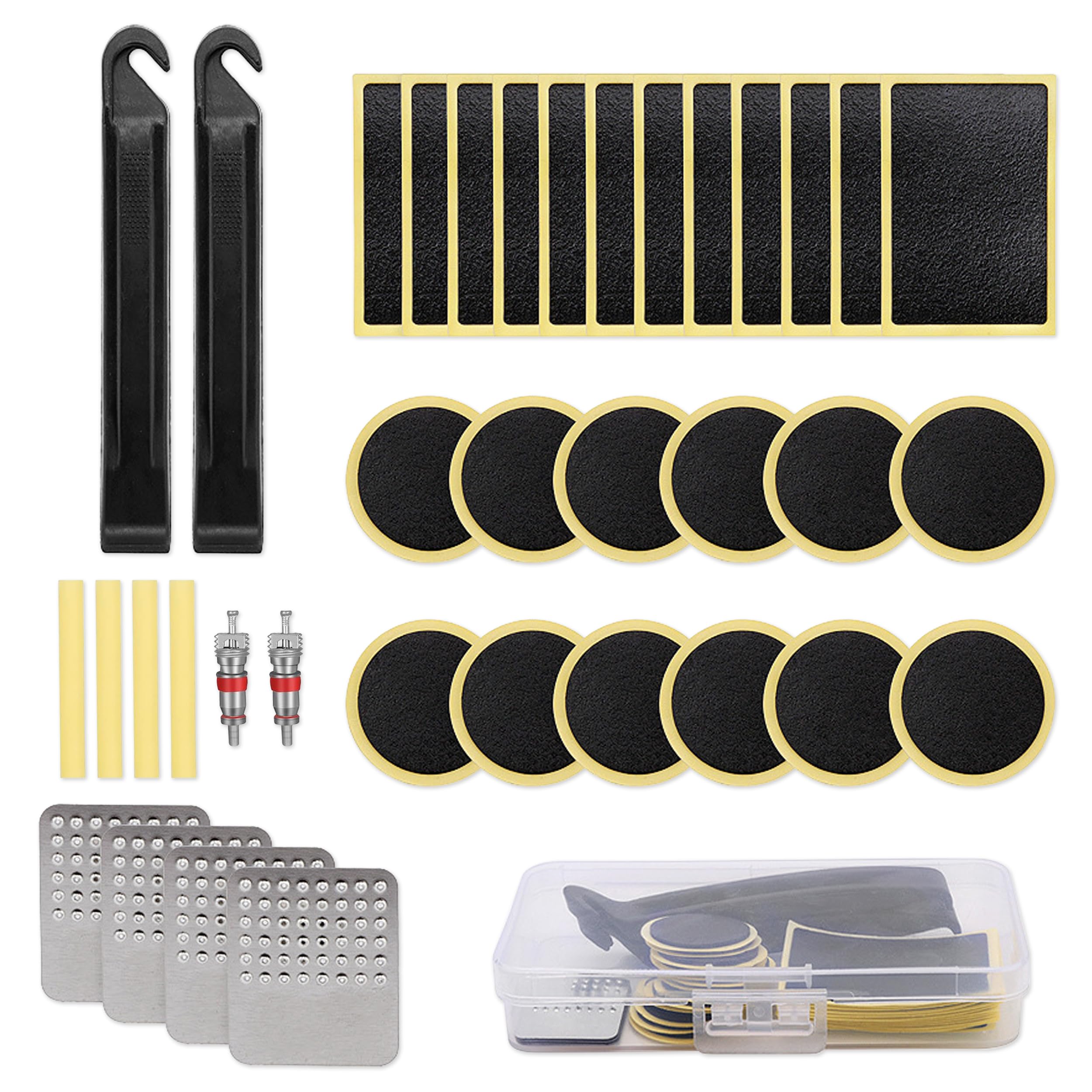 48-Piece Self-Adhesive Bicycle & Motorcycle Tire Repair Kit - Includes Inner Tube Patches, Metal Scrapers & Valve Cores - Perfect for Roadside Bike Repairs and Emergency Flat Tire Fixes