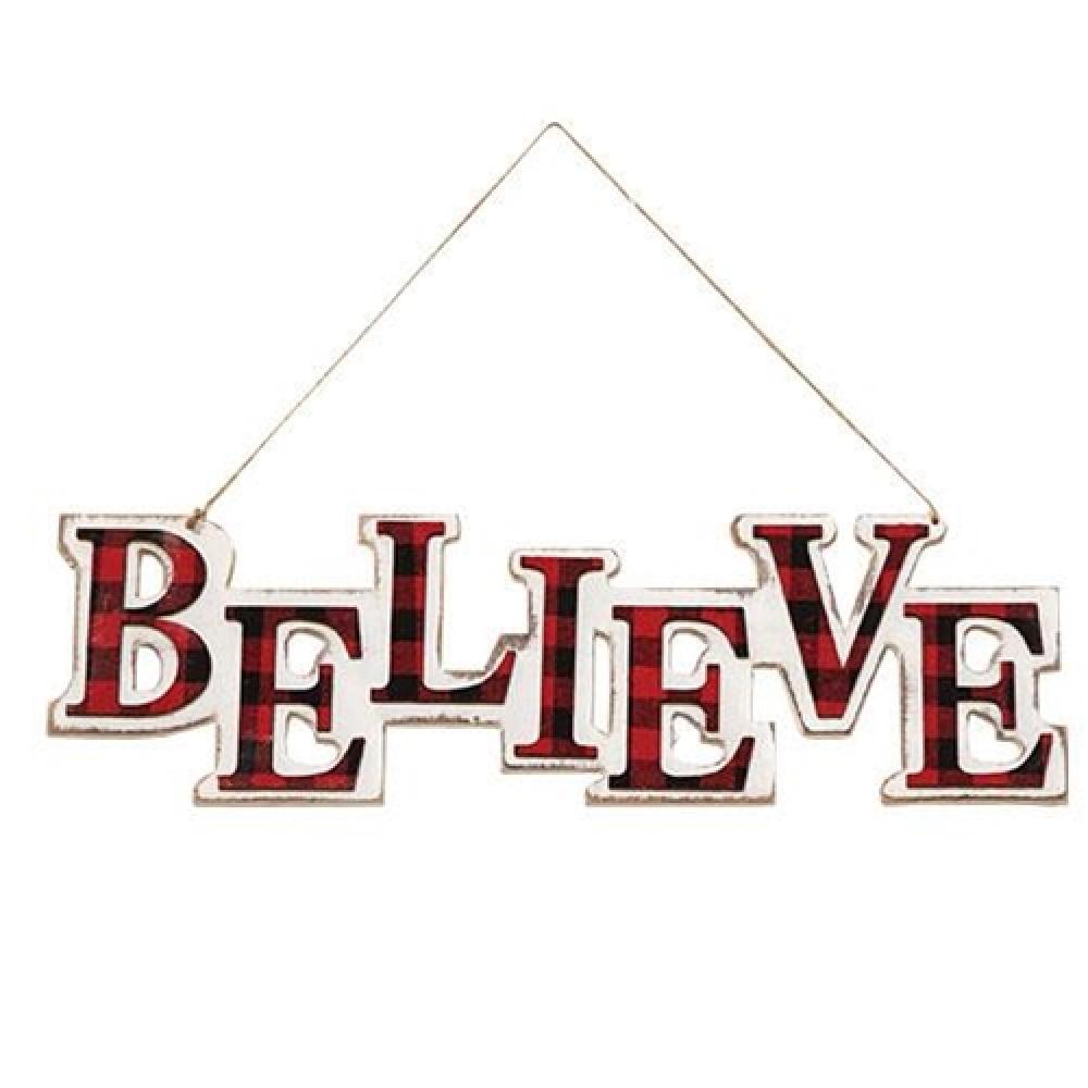 Red and Black Plaid BELIEVE Wooden Wall Hanger - Perfect for Home Decor, Bedroom, Living Room & Office Organization