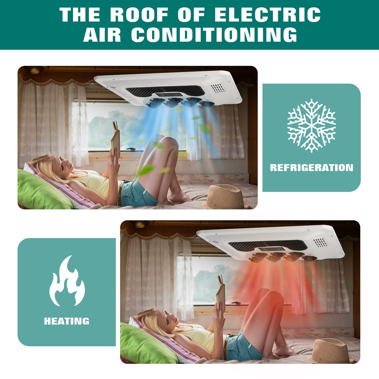 12V DC Air Conditioner for Trucks, RVs, Buses & Excavators - Roof Mounted Cooling & Heating System for Campers, Agricultural Vehicles - Portable AC Unit with Hot/Cold Function - Perfect for Off-Grid Living & Road Trips