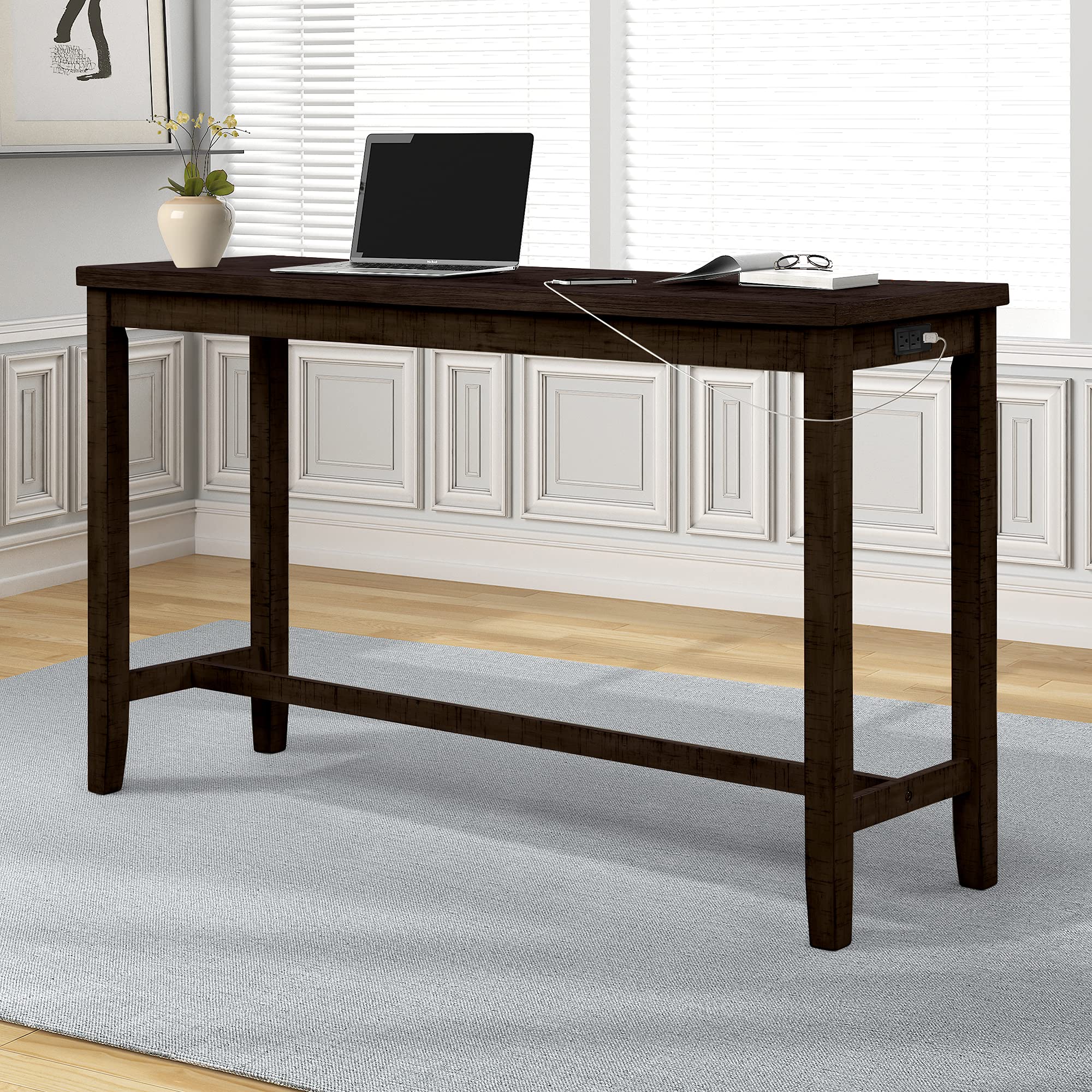 4-Piece Counter Height Dining Table Set with USB Socket & Fabric Padded Stools - Rustic Brown Bar Height Table for Kitchen, Breakfast Nook, Home Office or Small Space Dining - Perfect for Eating, Working & Studying