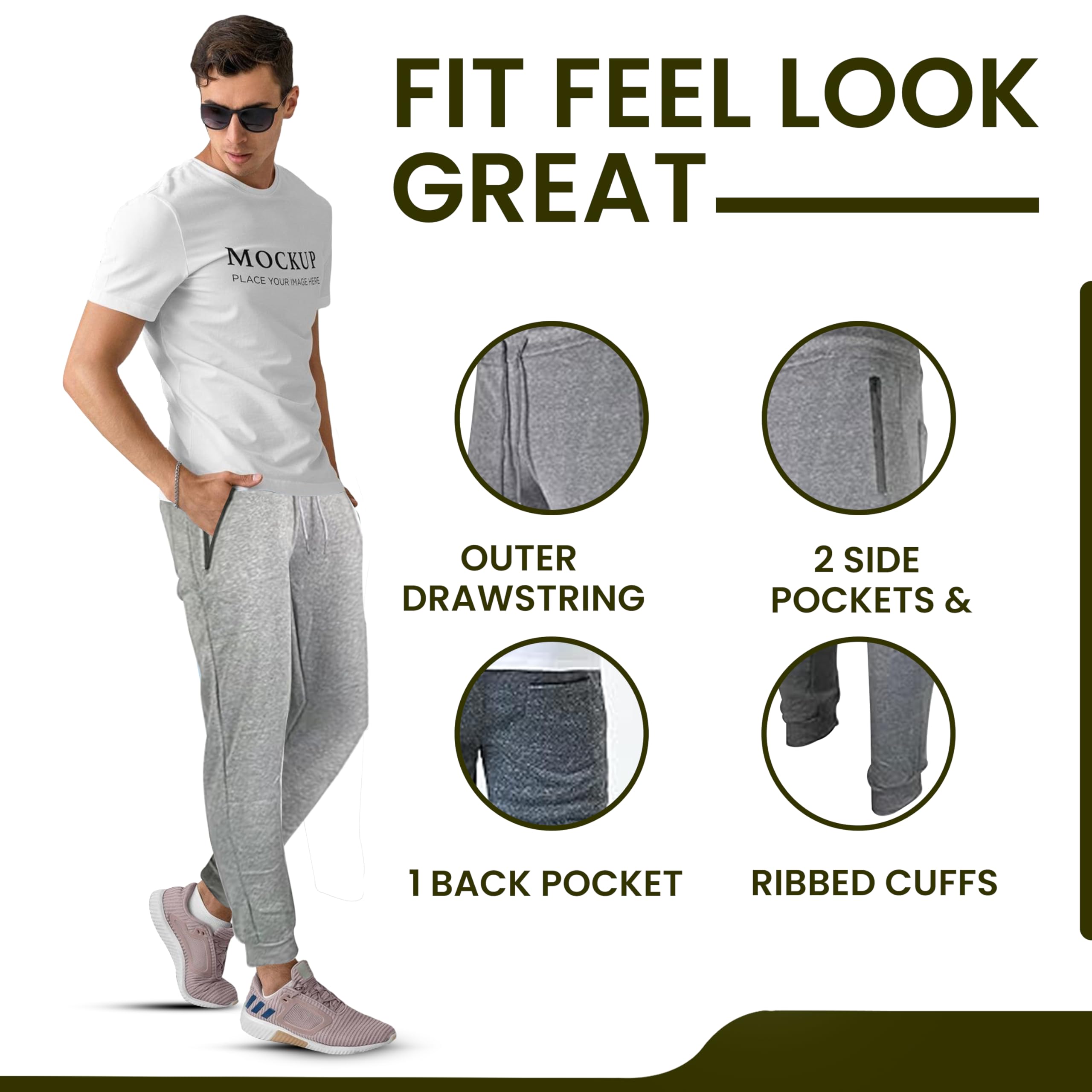 RiverBlue Men's Fleece Jogger Sweatpants with Zipper Pockets - Elastic Cuffs & Drawstring - Multi-Pack Comfort Pants for Gym, Lounge & Outdoor Activities
