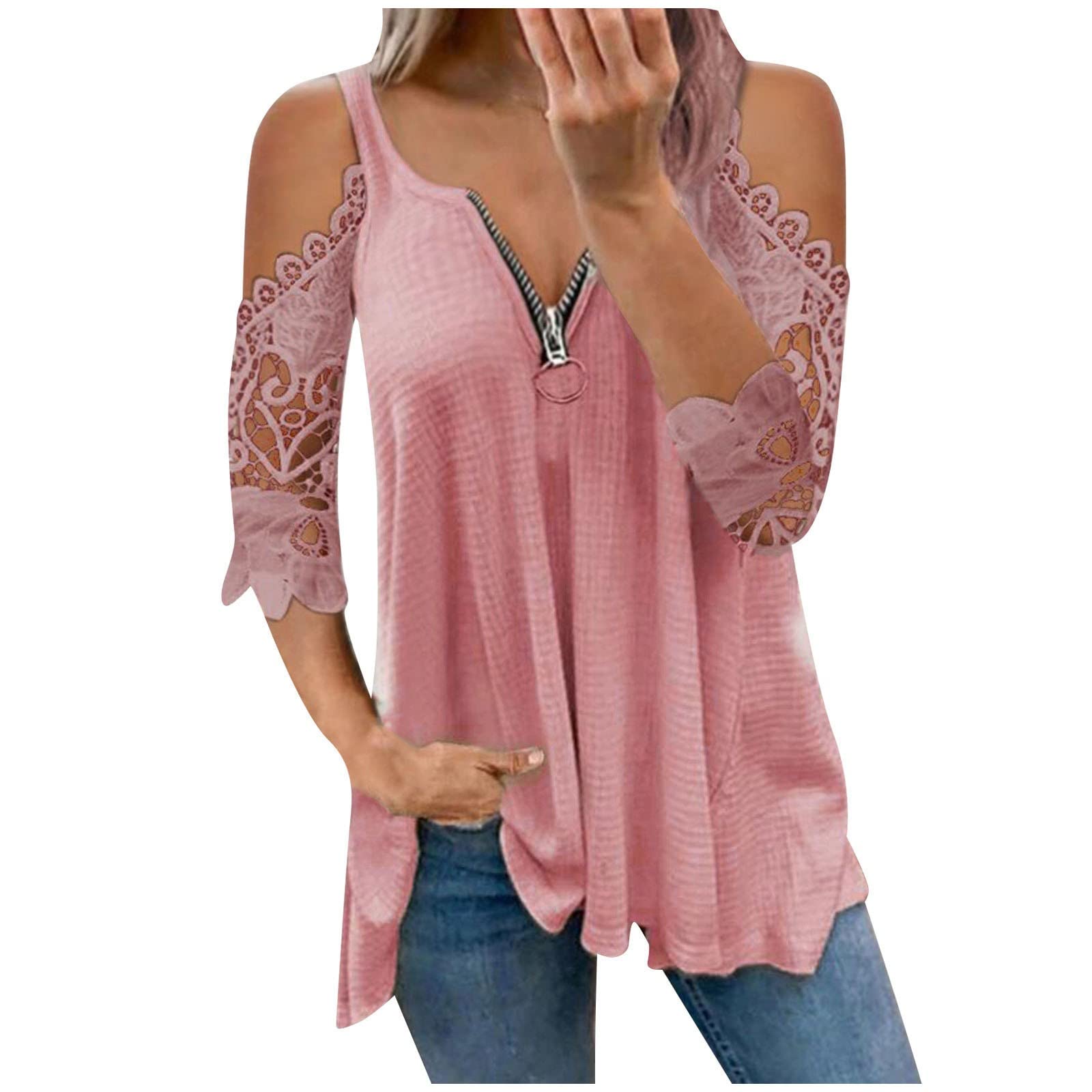 2022 Women's Summer Cold Shoulder Lace Sleeve Top - Solid Color Flowy Waffle Shirt for Casual Outings, Beach Vacations & Date Nights