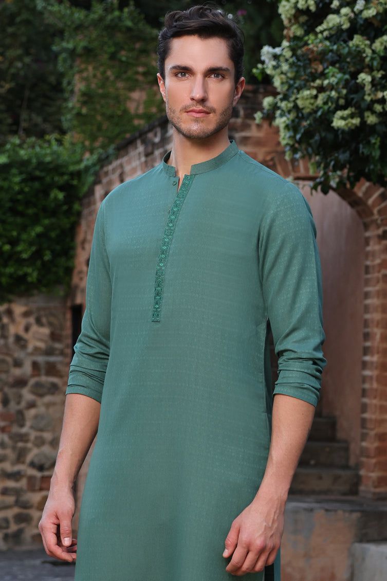 Stylish Blended Green Kurta by J. Junaid Jamshed - Premium Cotton Ethnic Wear for Men - Perfect for Festivals, Weddings & Casual Outings