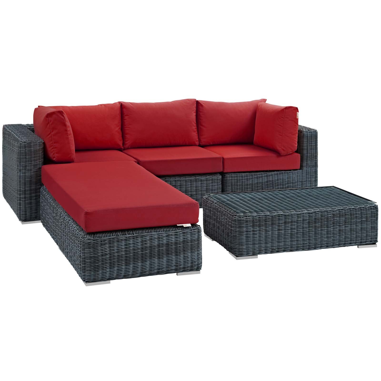 Modway Summon 5-Piece Outdoor Patio Sectional Sofa Set with Sunbrella Cushions in Canvas Red - Perfect for Backyard, Poolside & Garden Relaxation