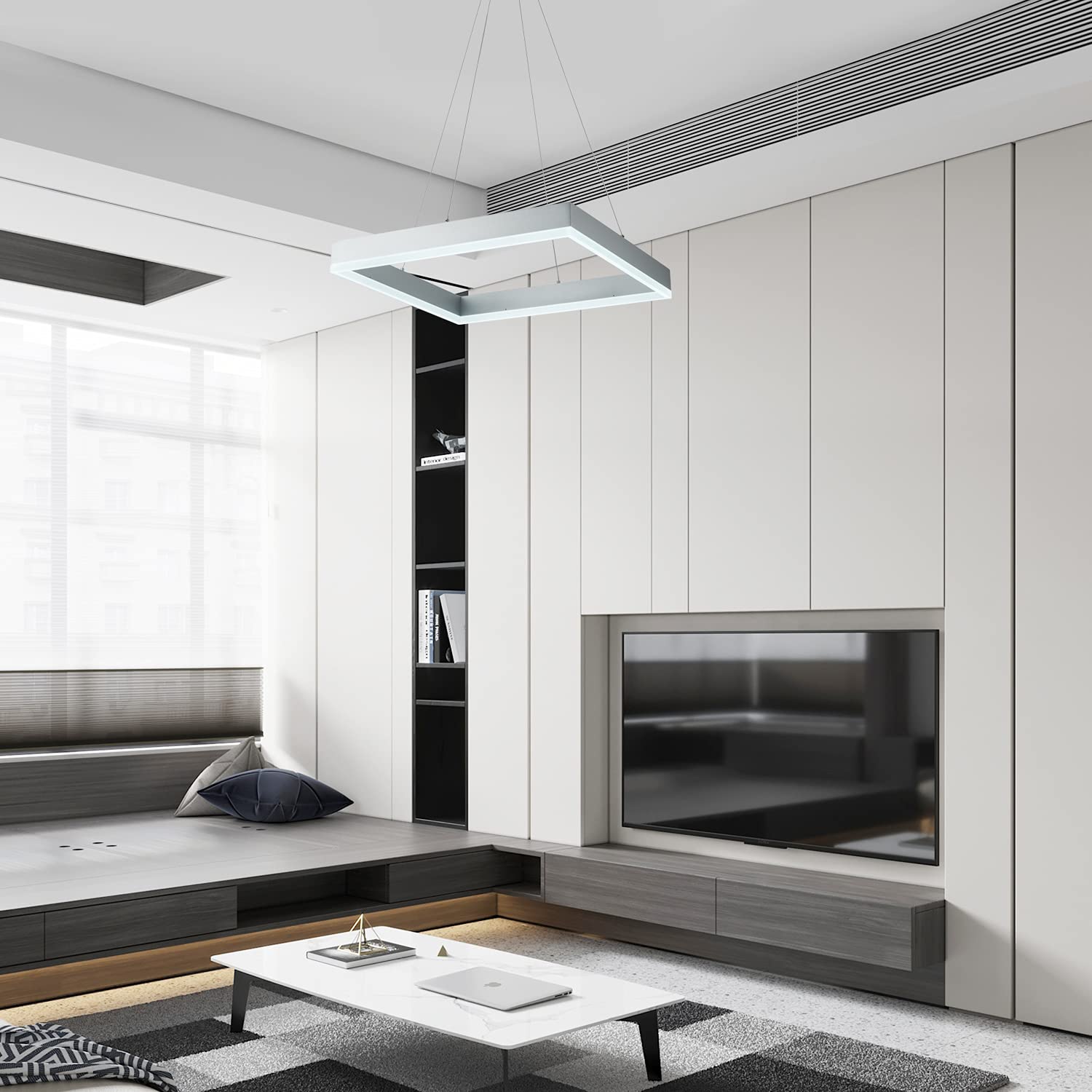 Modern Square LED Chandelier - Dimmable Contemporary Pendant Light for Dining Room, Kitchen, Office & Foyer - Cool White 6000K Silver Finish - Perfect for Home Decor, Modern Interior Lighting & Stylish Room Ambiance