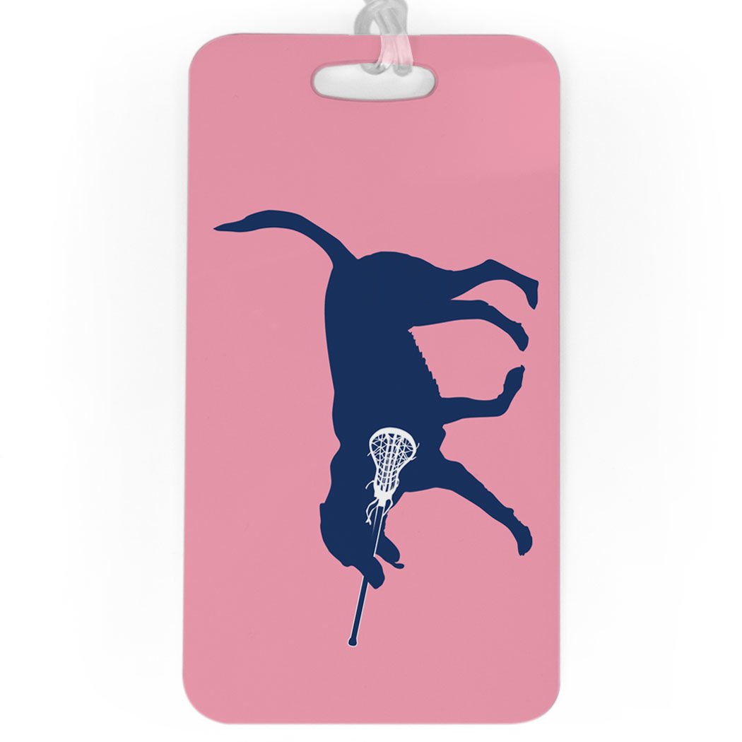 Custom Girls Lacrosse Luggage Tag - LuLa The Lax Dog Design with Personalization | Large Light Pink Sports Bag Tag for Travel & Team Gear Identification