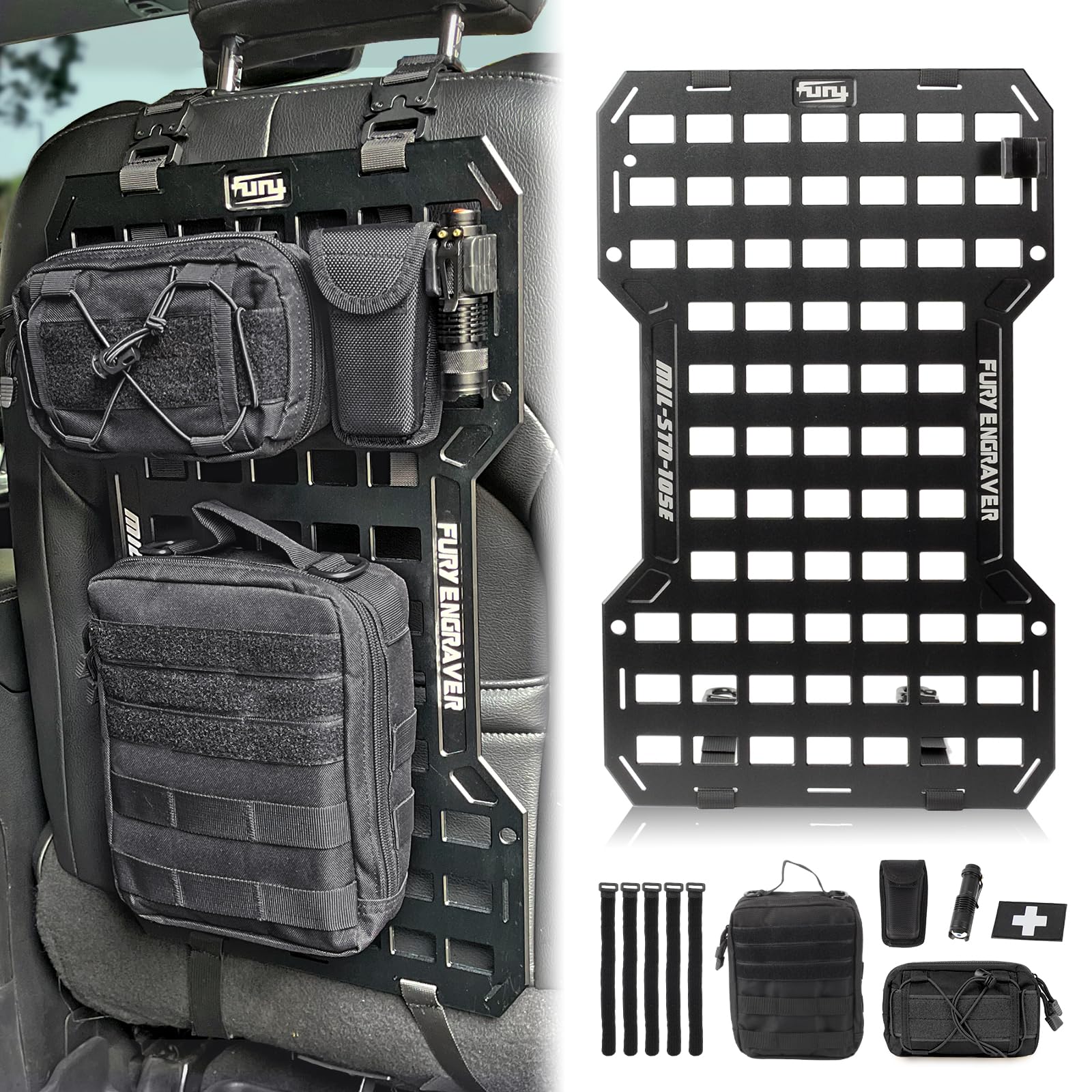 MAIKER Tactical MOLLE Panel with Aluminum Insert - 2 Storage Bags, Multi-Tool & Flashlight Included | Modular Gear Organizer for Outdoor, Camping, Hiking & Military Use