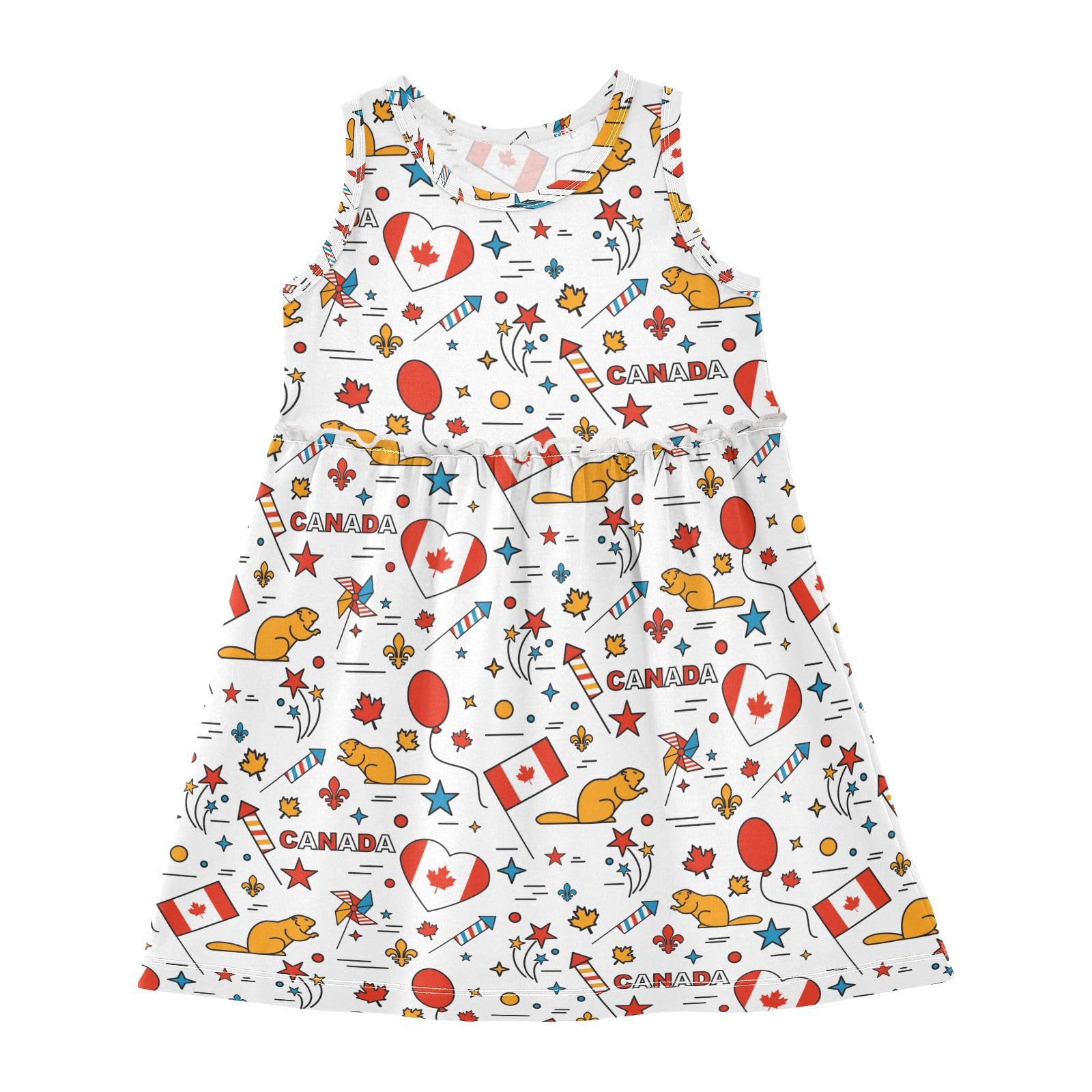 Canada Day Beavers Print A-Line Little Girls Dress - Cute & Comfy Spring Outfits for Holiday Celebrations & Outdoor Play