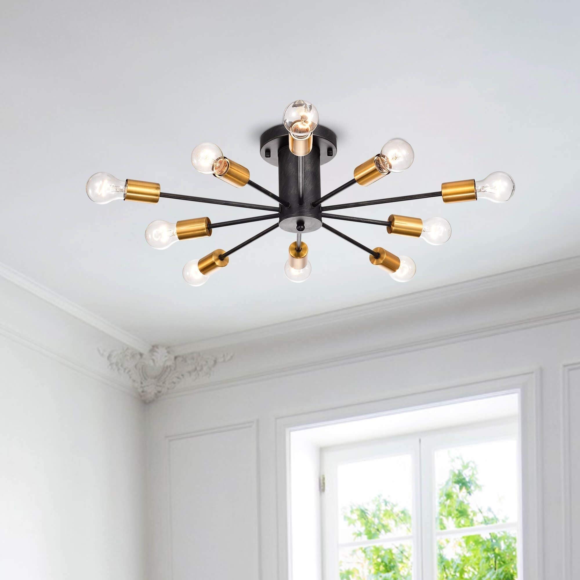 10-Light Gold Sputnik Chandelier - Modern Industrial Flush Mount Ceiling Light Fixture in Chrome & Brass - LED/Halogen Compatible - Perfect for Dining Room, Living Room or Bedroom Lighting