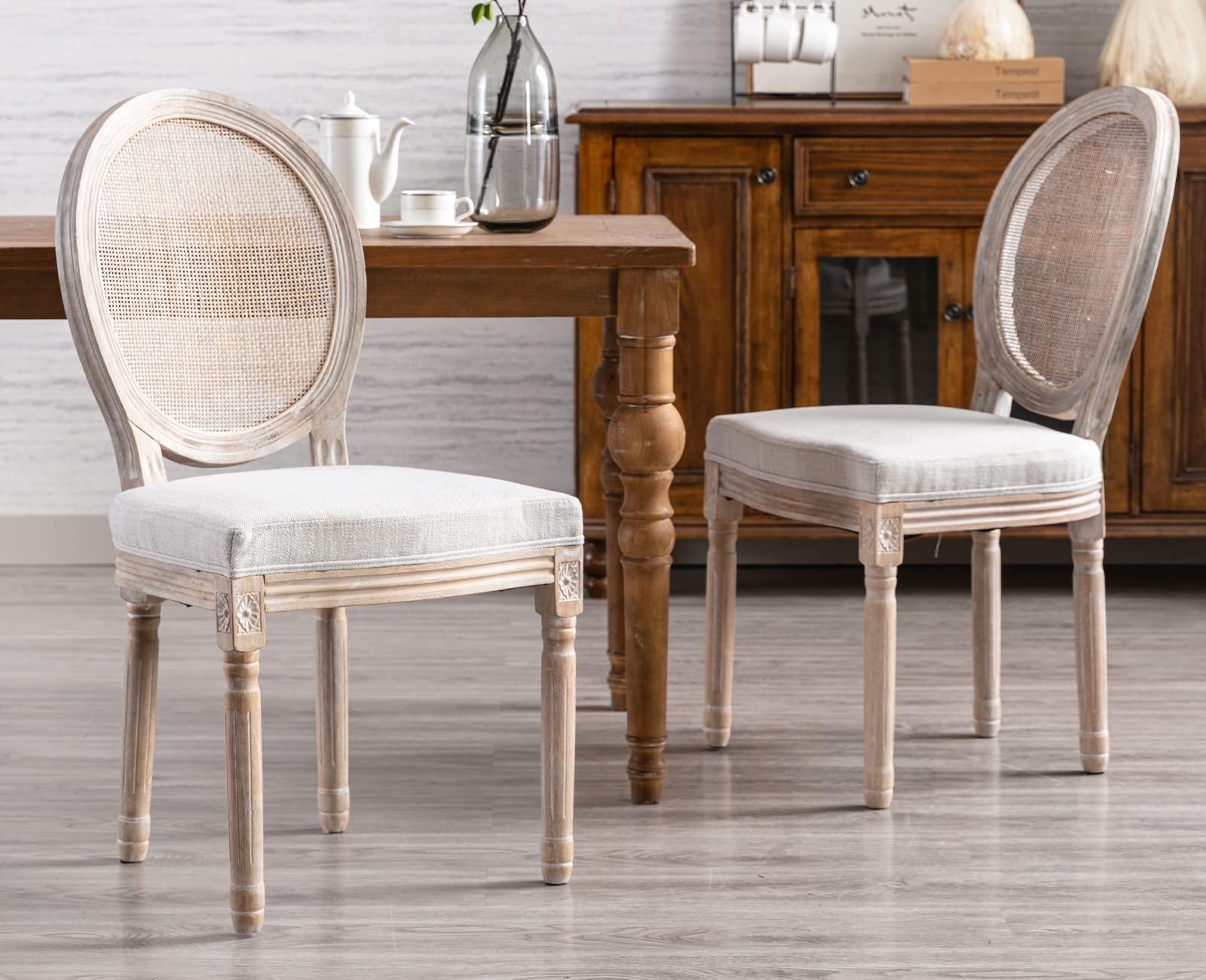 Kmax Farmhouse Dining Chairs Set of 2 - Distressed French Country Style Upholstered Chairs with Round Rattan Back, Tufted Kitchen Seating in Beige - Perfect for Dining Room, Breakfast Nook & Cozy Bedroom Sitting Area