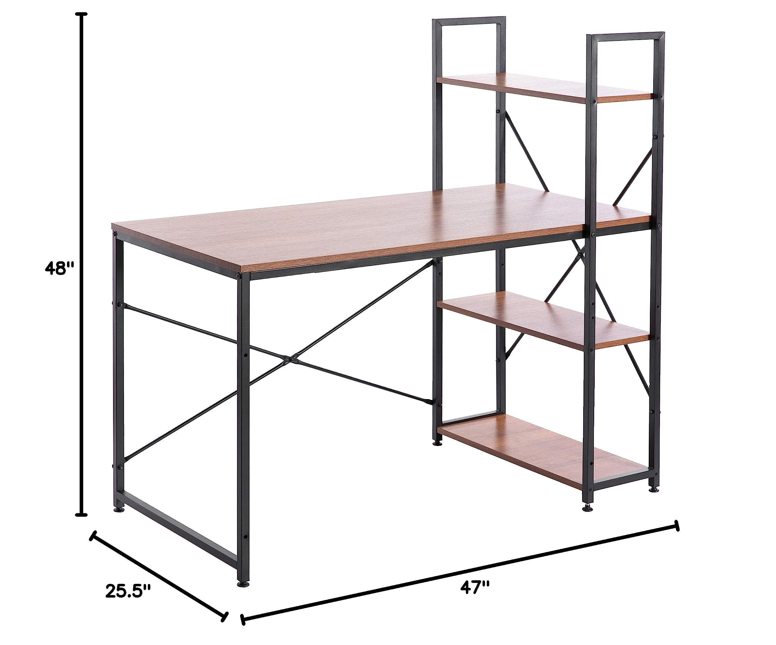 Industrial Home Office Computer Desk with Bookshelves - Solid Wood & Metal Frame, Cherry Finish - Perfect for Small Spaces, Work from Home & Study Rooms