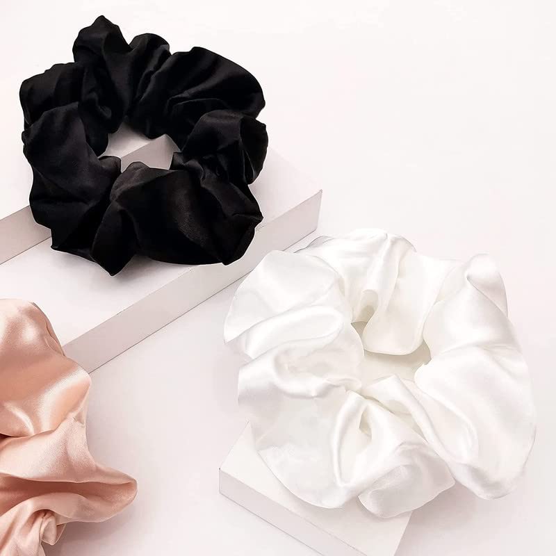 Silk Satin Scrunchies for Women - Soft No Damage Hair Ties, Elastic Ponytail Holders for Thick & Curly Hair (Set of 5) - Perfect for Workouts, Office, and Everyday Styling