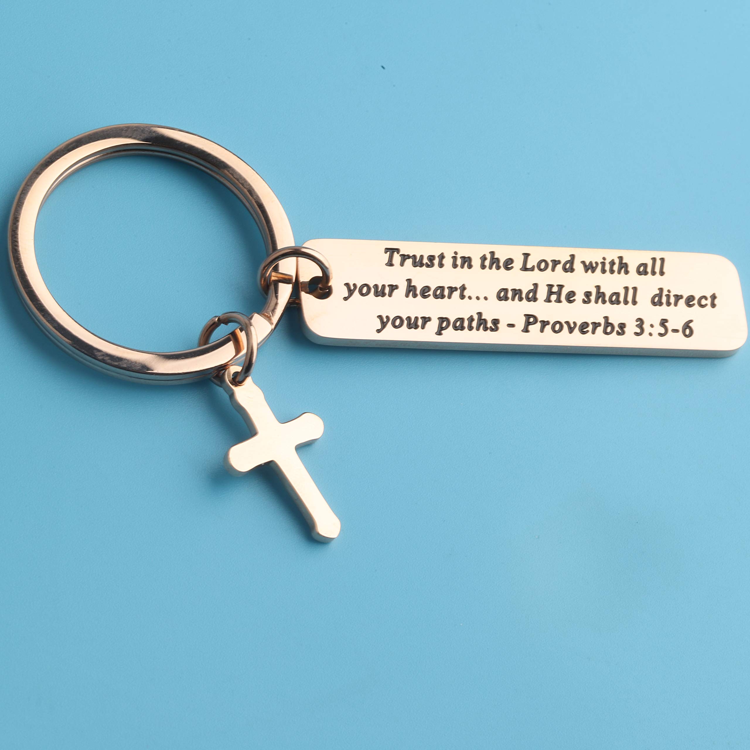 BEKECH Christian Keychain - Trust in The Lord Proverbs 3:5-6 Bible Verse Cross Charm, Religious Jewelry Gift for Baptism, Confirmation & Daily Inspiration (Ideal for Church Events & Spiritual Encouragement)