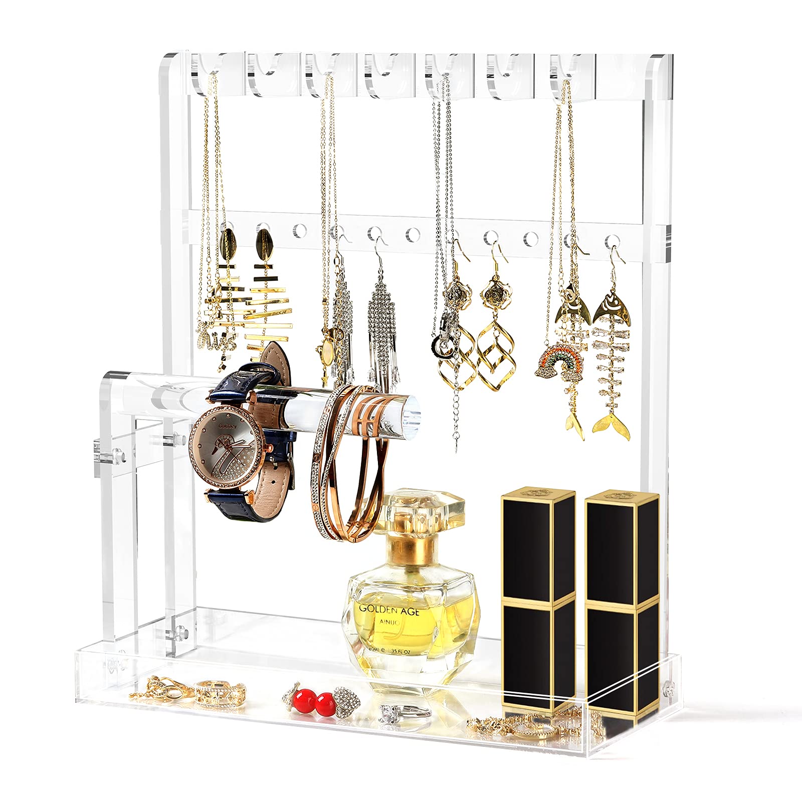 4-Tier Acrylic Jewelry Display Stand Organizer for Necklaces, Earrings, Bracelets, Rings & Watches - Jewelry Tree with Tray for Women & Girls - Perfect Gift for Bedroom, Bathroom & Vanity Organization