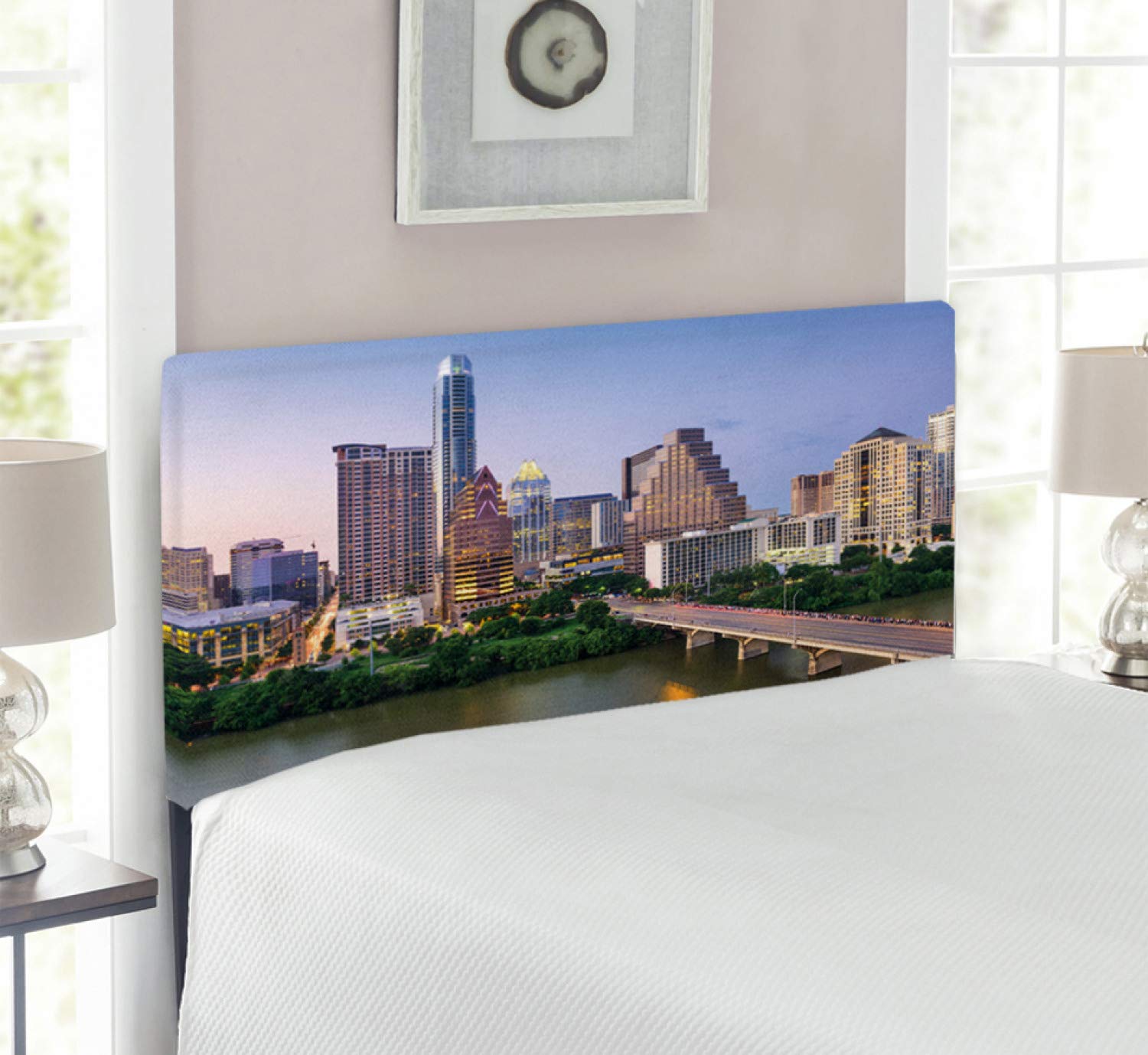 Ambesonne Modern Upholstered Headboard - Twin Size with Memory Foam, Austin Texas Skyline Design Featuring Lake Bridge & Downtown Skyscrapers, Decorative Metal Bed Frame Headboard in Multicolor - Perfect for Bedroom Makeovers & Contemporary Home Decor