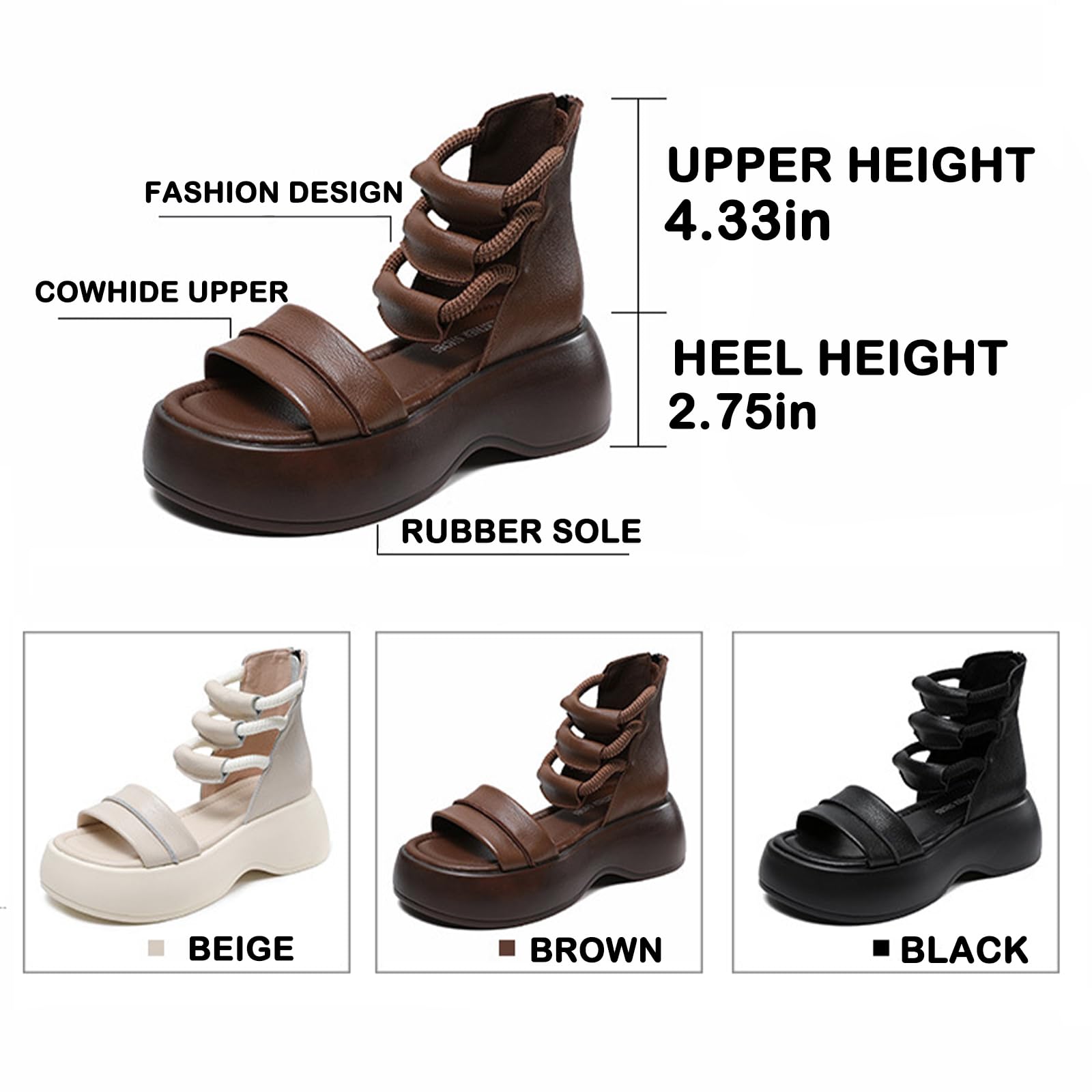 Women's Sexy Leather High Top Platform Sandals - Peep Toe Gladiator Sandals with Zipper & Hollow Back | Comfortable Soft Sole for Casual Walking & Beach Outfits | Perfect for Summer Fashion, Date Nights & Vacation Wear
