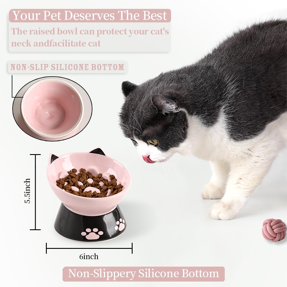 Slow Feeder Cat Bowl with Non-Slip Silicone Base - 6 Inch Elevated Ceramic Pet Food Dish for Dogs & Cats - Anti-Vomiting Design for Dry/Wet Food (Pink) - Perfect for Portion Control & Digestive Health