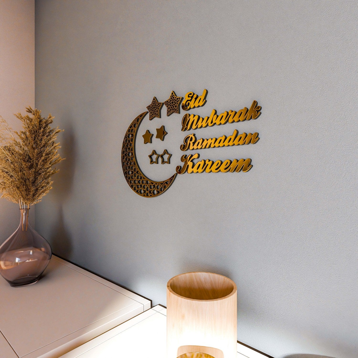 Ramadan Kareem Eid Mubarak Wooden Islamic Wall Art - Handcrafted Islamic Home Decor Gift for Muslim Families - Perfect for Ramadan Decorations & Eid Celebrations