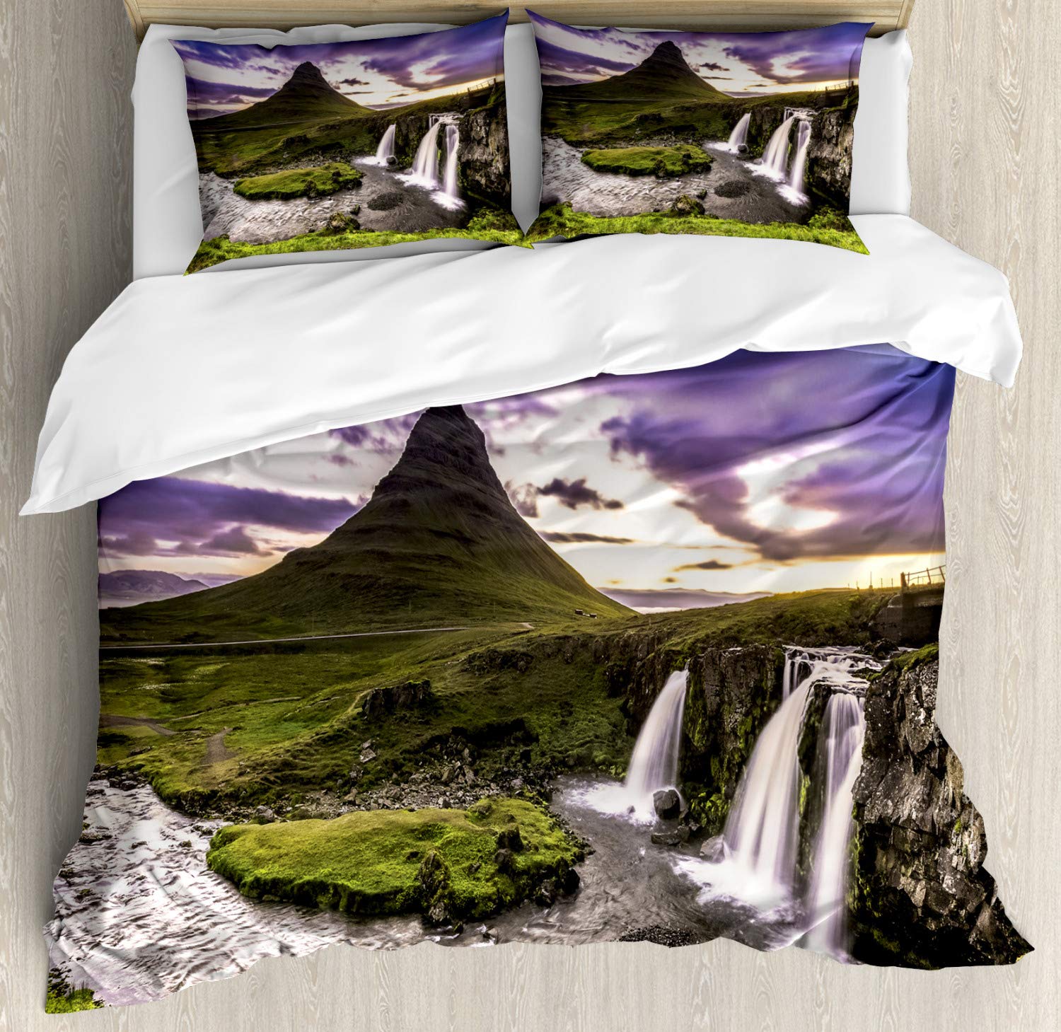 Ambesonne Iceland Duvet Cover Set - Queen Size 3-Piece Bedding with 2 Pillow Shams | Kirkjufell Mountain & Ocean Cloudscape Design | Vibrant Multicolor Outdoor Scene Decor | Perfect for Bedroom Makeover, Cozy Cabin Retreat & Nordic-Themed Home Decor