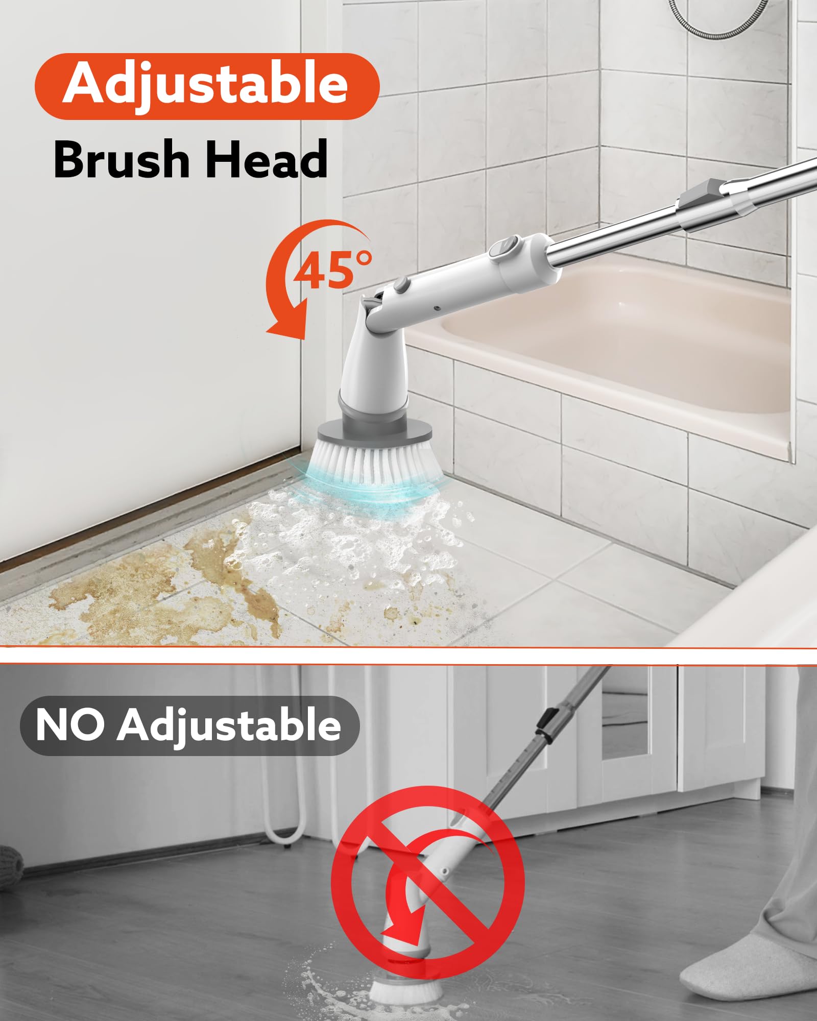 Electric Spin Scrubber Cordless - 1.5H Battery Life with 4 Replacement Heads & Long Handle for Bathroom, Shower, Tub, Tile, Grout & Floor Cleaning - Perfect for Deep Cleaning Hard-to-Reach Areas (White)