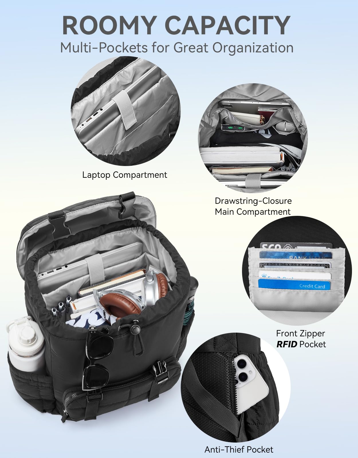 BOSTANTEN Women's Puffer Backpack - Stylish Water-Resistant Laptop Backpack for College, Travel & Work with RFID Anti-Theft Pocket (Black) | Perfect for School, Commuting, Weekend Getaways & Business Trips