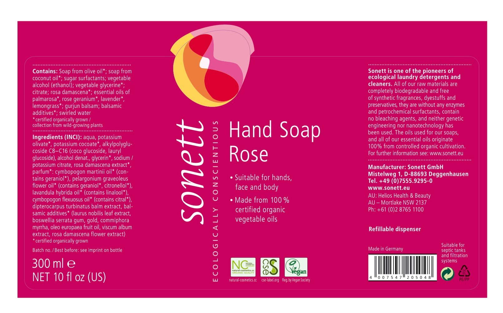 Sonett Organic Liquid Hand Soap - Rose Scented Body Wash for Hands, Face & Body | USDA Certified Organic | 1 Count (8.5 fl oz) | Gentle Cleansing for Daily Hygiene, Spa-like Bathroom Experience