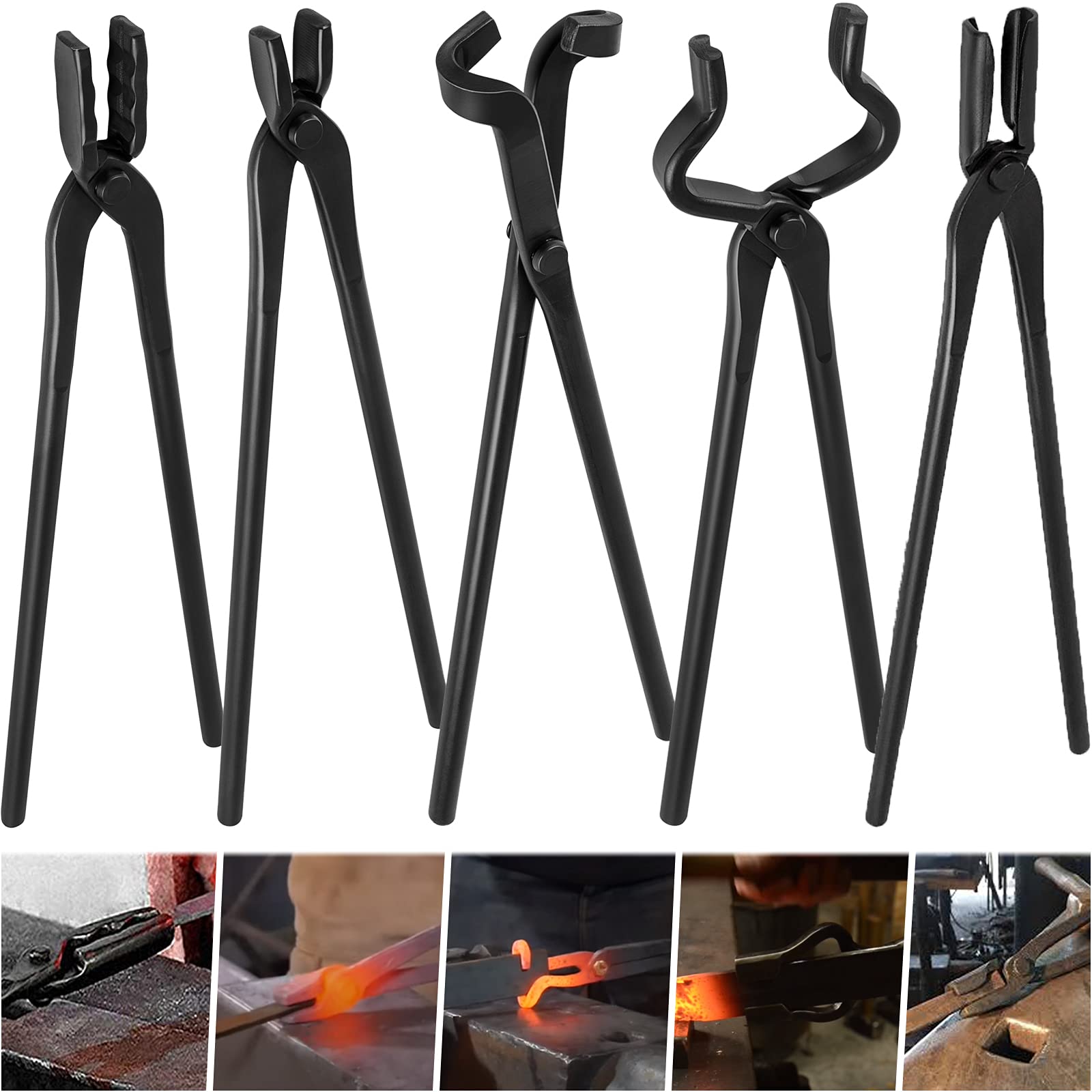Premium Knife Making Tongs Set - 5-Piece Bladesmith & Blacksmith Tongs for Forging, Anvil Work & Metal Crafting - Perfect for Knife Making, Sword Smithing & DIY Metal Projects