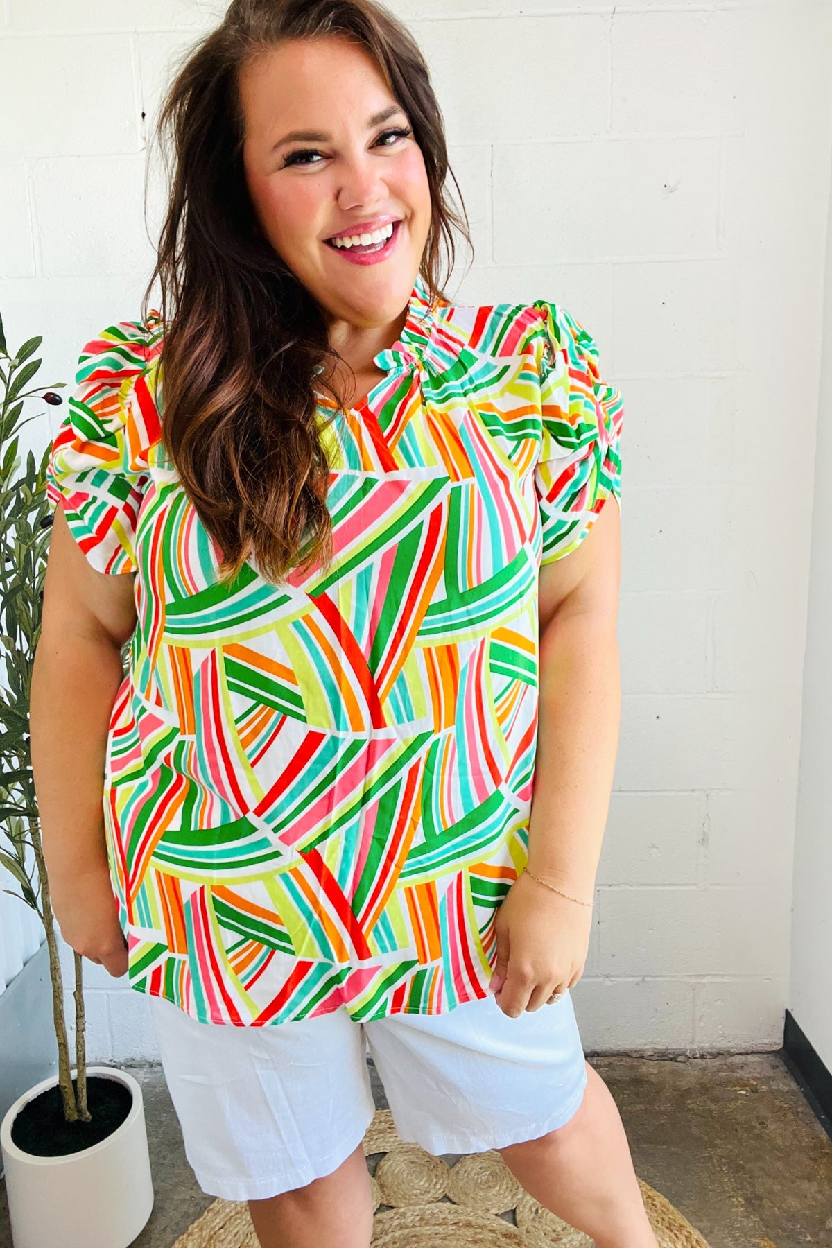 Stylish Green & Orange Geo Print Frill Notch Neck Puff Sleeve Blouse - Trendy Women's Fashion Top for Casual Outings & Date Nights