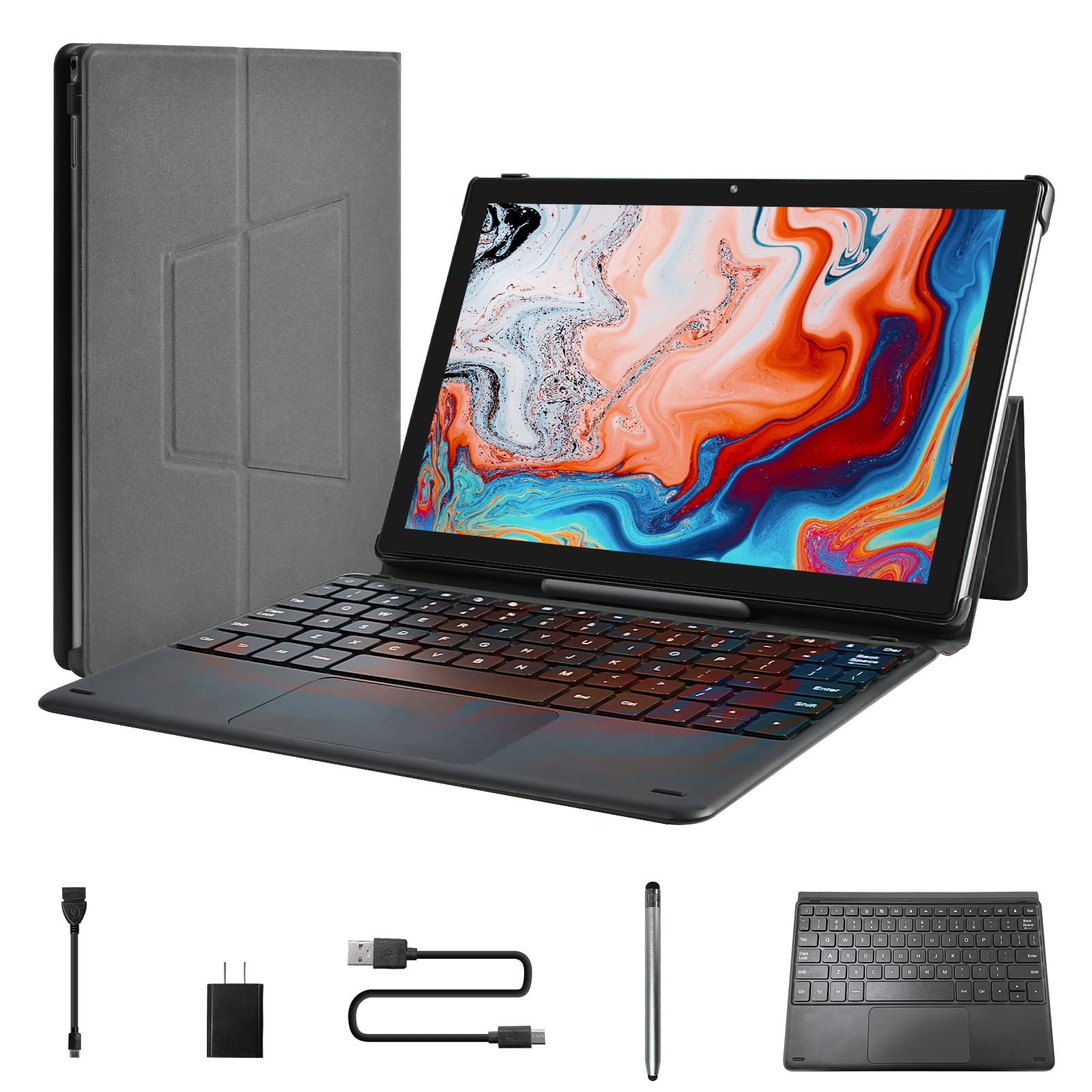 10 Inch Android Tablet with Keyboard - Octa-Core Processor, 4GB RAM 64GB Storage, IPS HD Display, WiFi Bluetooth GPS - Portable Computer Tablet for Work, Study & Entertainment (Grey)
