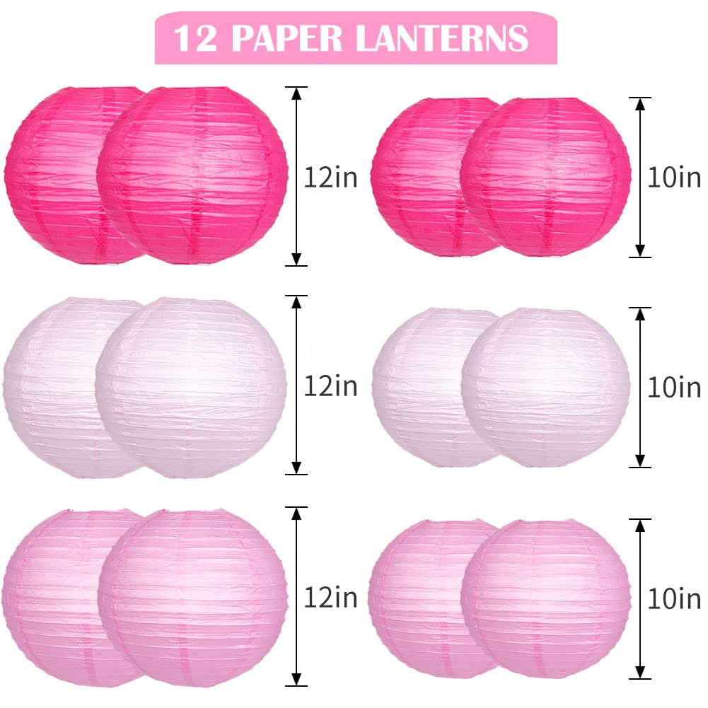 12 Pack Pink LED Chinese Paper Lanterns with Lights - Hanging Round Decorative Lanterns for Engagement, Bachelorette, Birthday Party & Wedding Decor | Indoor/Outdoor Event Lighting