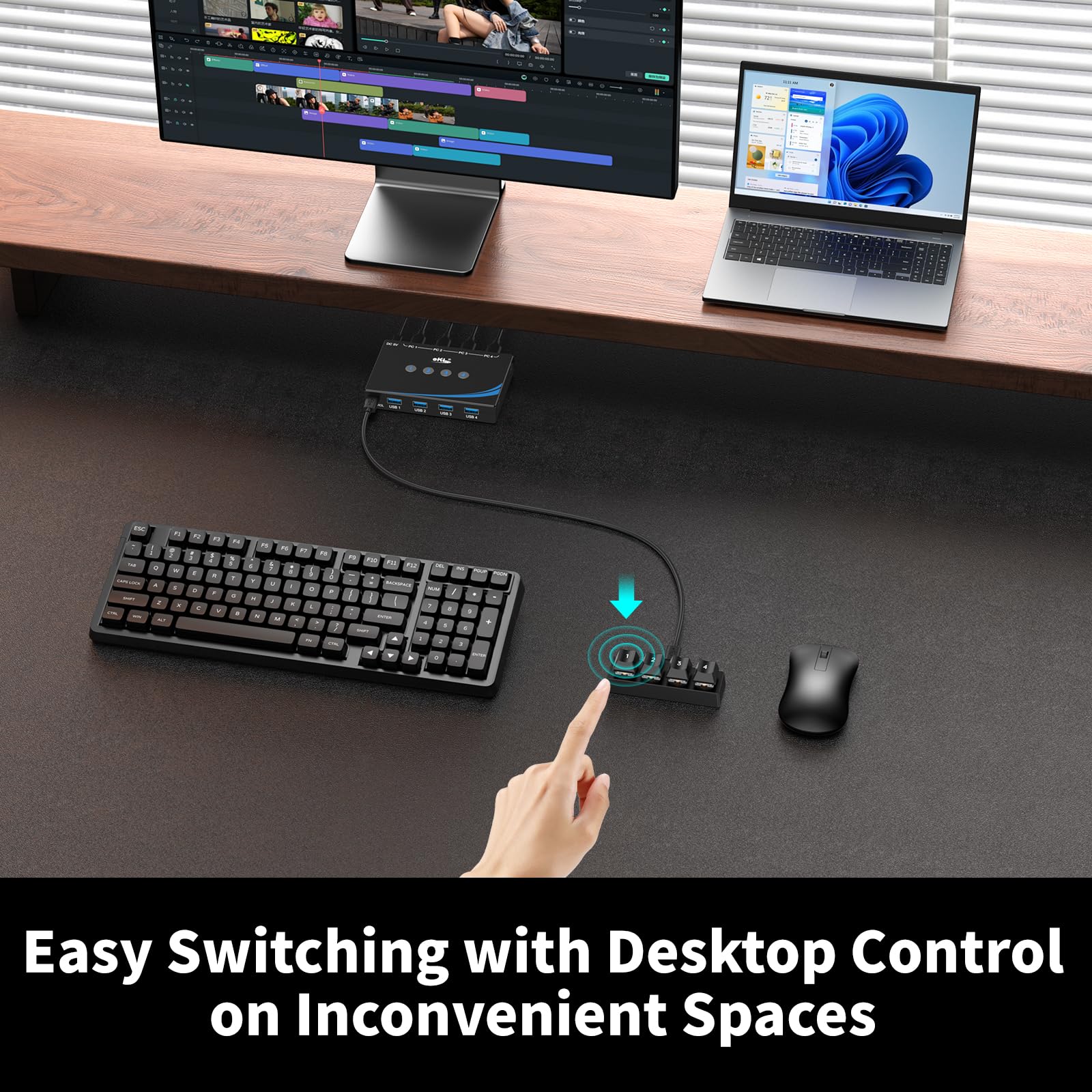 USB 3.0 Switch Selector - 4 Port KVM Switch for Sharing Mouse, Keyboard, Printer & Scanner Between 4 Computers | Includes 4 USB 3.0 Cables & Desktop Controller with 3.5mm Audio Jack | Perfect for Home Office, Gaming Setup & Multi-Device Workstations