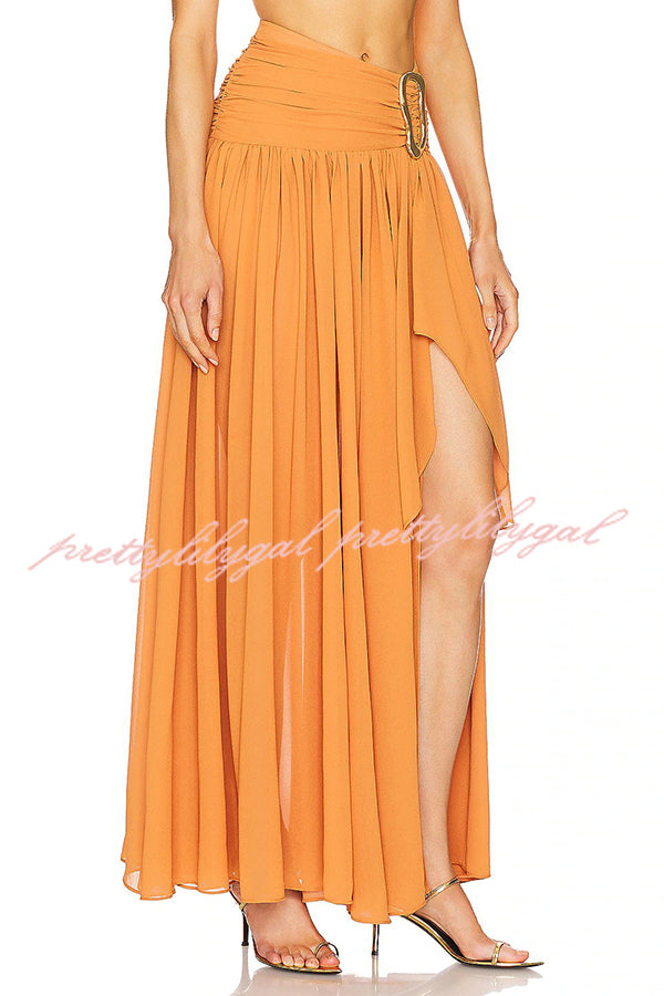 Vacation Chic Chiffon High Rise Flowy Asymmetrical Drape Maxi Skirt - Women's Elegant Beach Cover Up Skirt for Summer Travel, Boho Outfits & Resort Wear