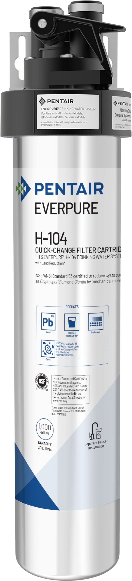 Pentair Everpure H-104 Drinking Water Filtration System with Filter Head & Cartridge - 1000 Gallon Capacity, 0.5 Micron Filtration - Perfect for Home, Office, and RV Use