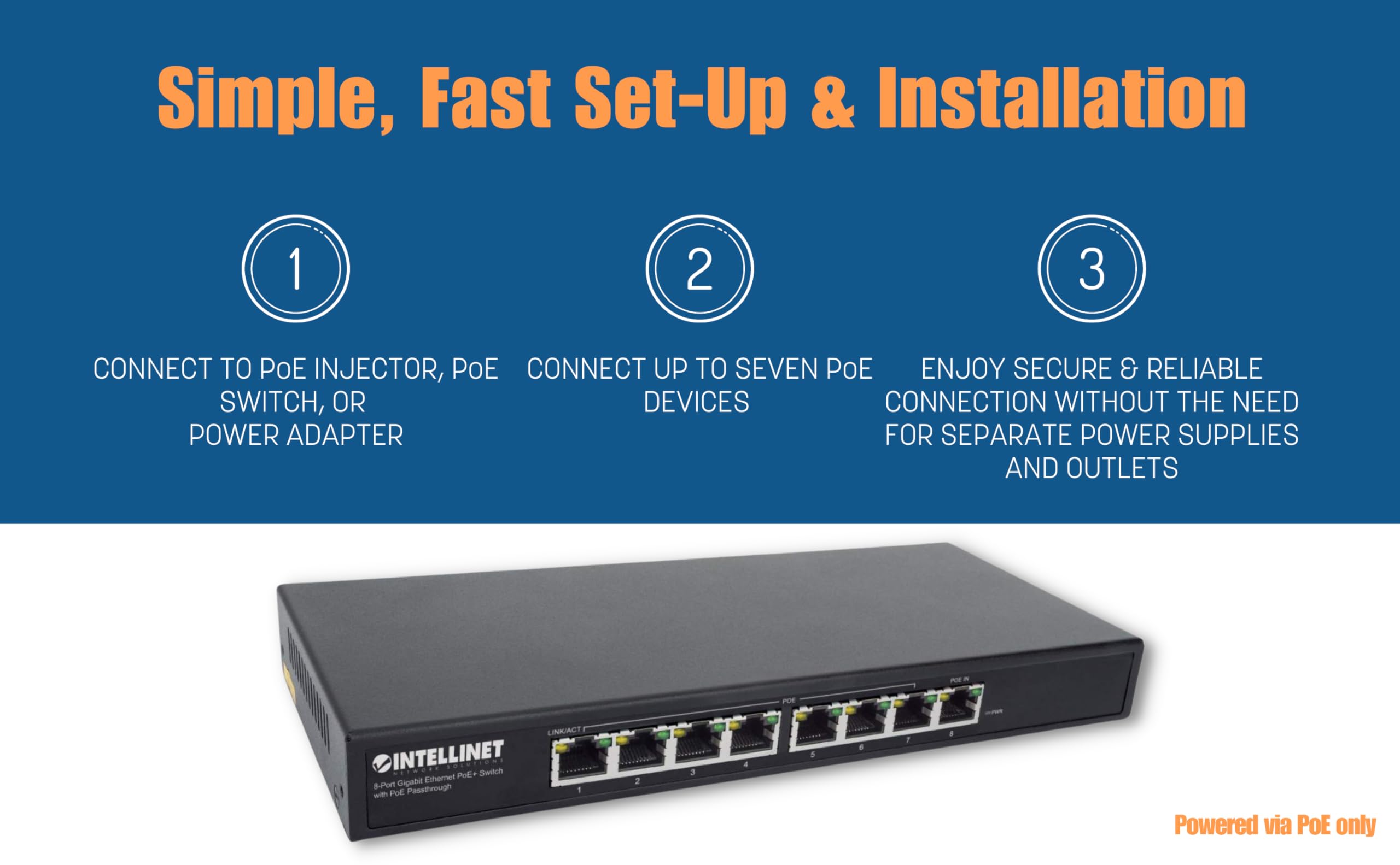 Intellinet 8-Port Gigabit PoE+ Switch with Passthrough - High-Speed Ethernet Network Switch for Home & Office (Black) - Perfect for IP Cameras, VoIP Phones & Wireless Access Points