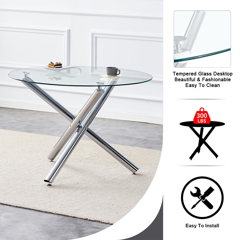 42 Inch Round Tempered Glass Dining Table Set for 4 with PU Leather Chairs - 5 Piece Modern Kitchen Table Set for Small Spaces | Perfect for Breakfast Nooks, Compact Dining Rooms & Cozy Apartments