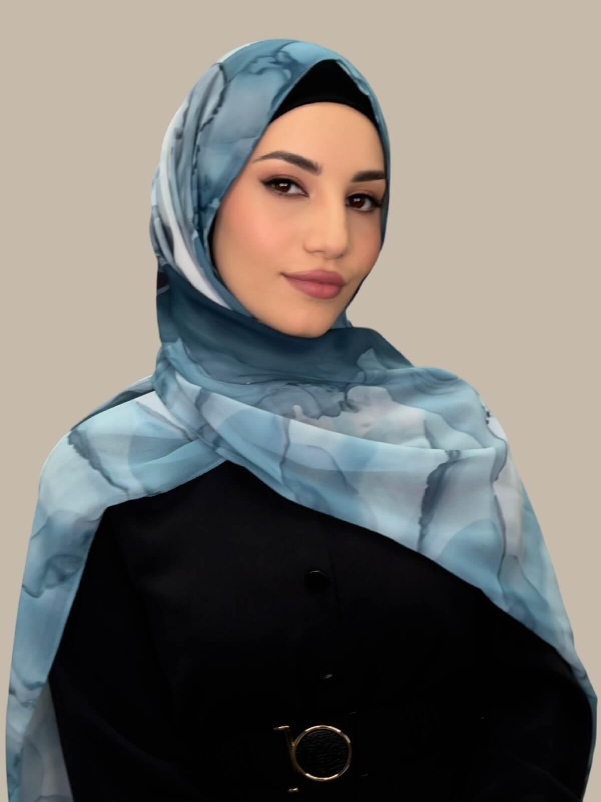 Printed Chiffon Hijab Scarf - Tidal Teal Color - Lightweight & Breathable for Women - Perfect for Daily Wear, Prayer, and Special Occasions