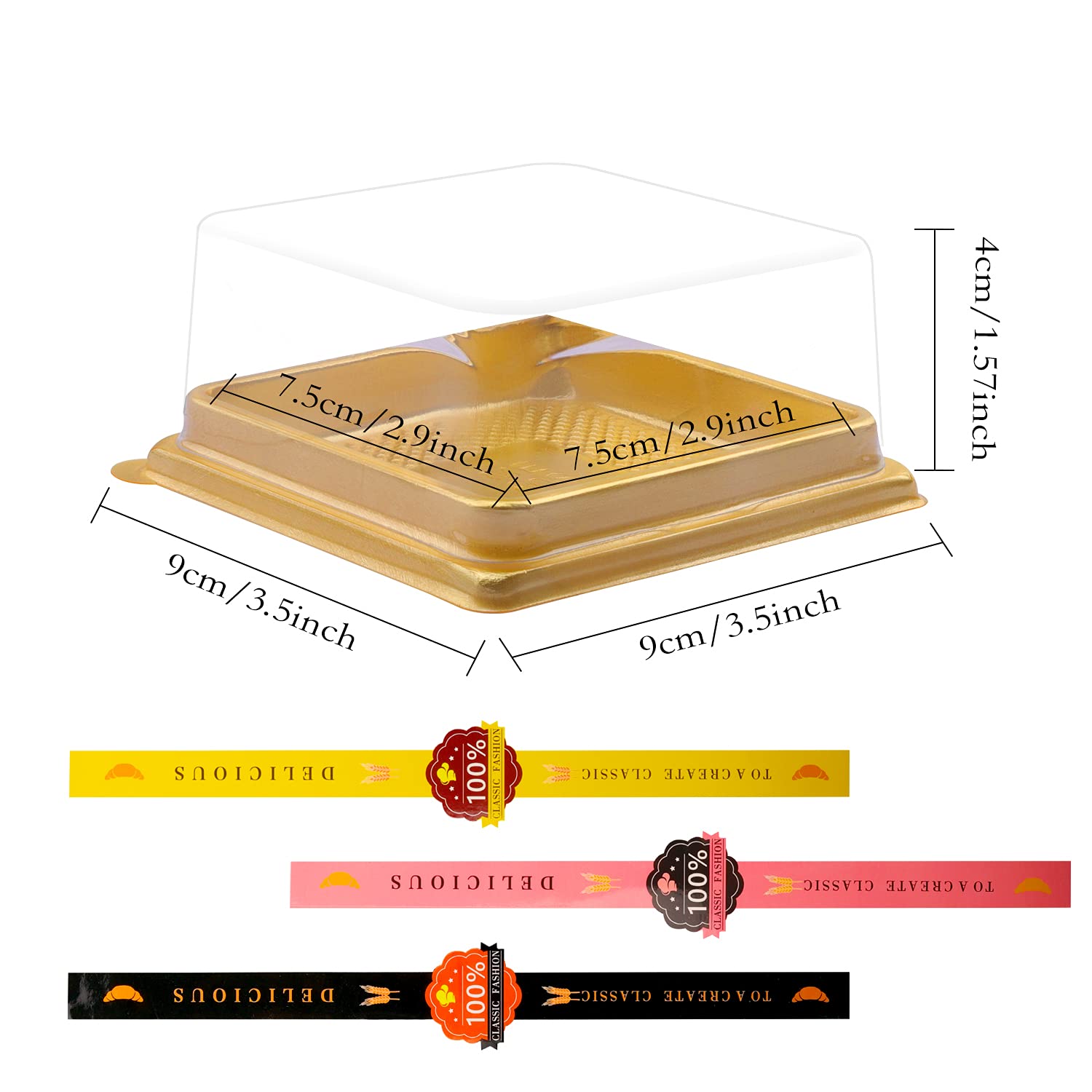 50 Pcs 3.5 Inch Clear Plastic Mini Cake Boxes - Small Cupcake & Dessert Containers for Muffins, Cookies, Mooncakes - Perfect for Weddings, Birthdays & Party Favors - Includes 50 Gold Stickers (BPA-Free Food Safe)
