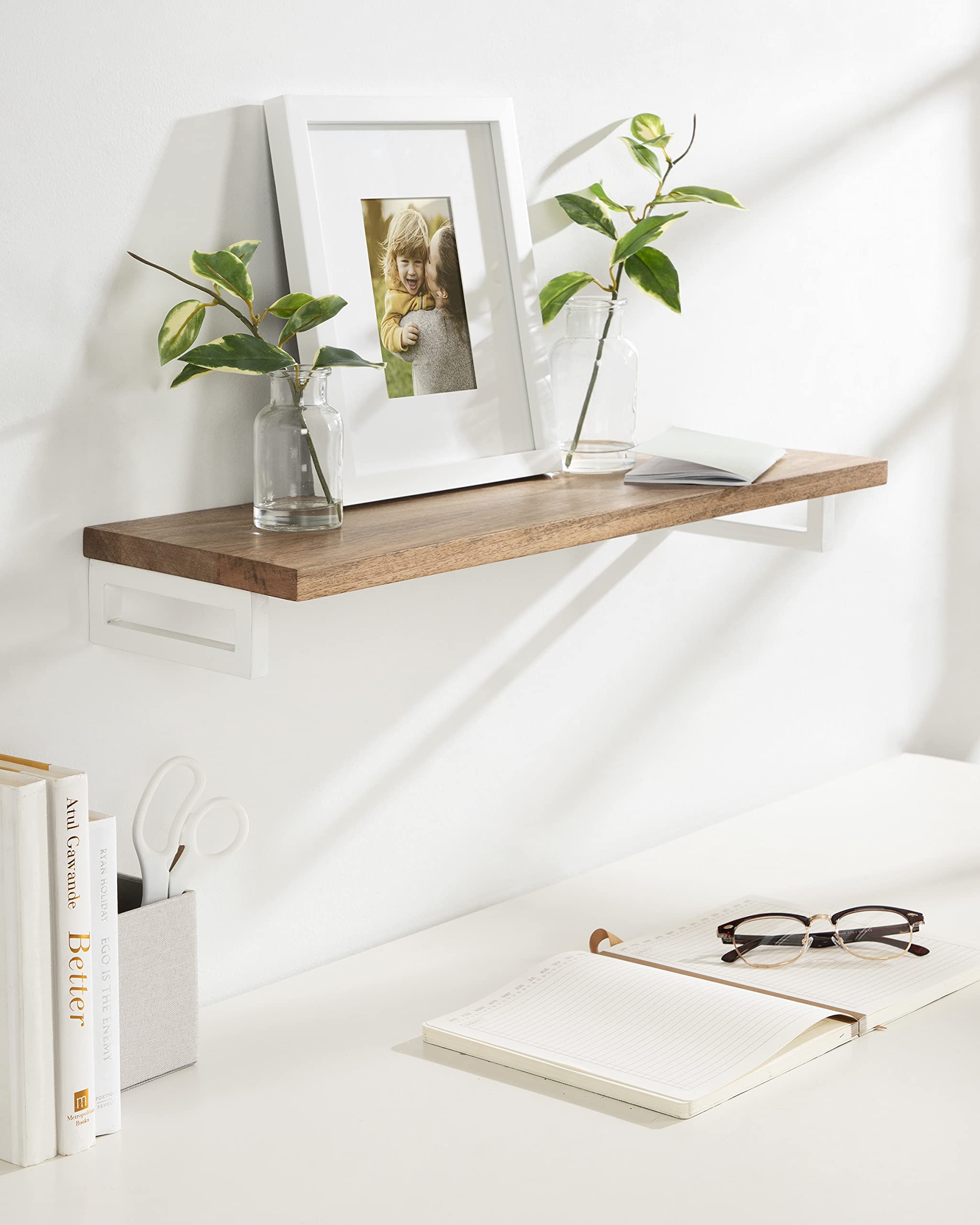 Kate and Laurel Lankford 24 Inch Modern Wood Wall Shelf - Natural Wood & White Floating Shelf for Home Decor, Storage & Display - Perfect for Living Room, Bedroom & Office Organization