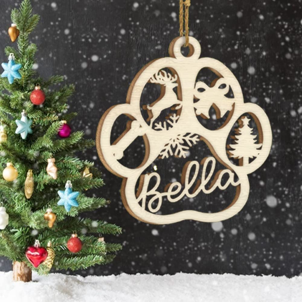Personalized Christmas Dog Paw Wood Ornaments - Custom Pet Name Hanging Decor for Xmas Tree - Perfect Gift for Dog & Cat Lovers - Home Holiday Decoration & Pet Memorial Keepsake (Style 7)
