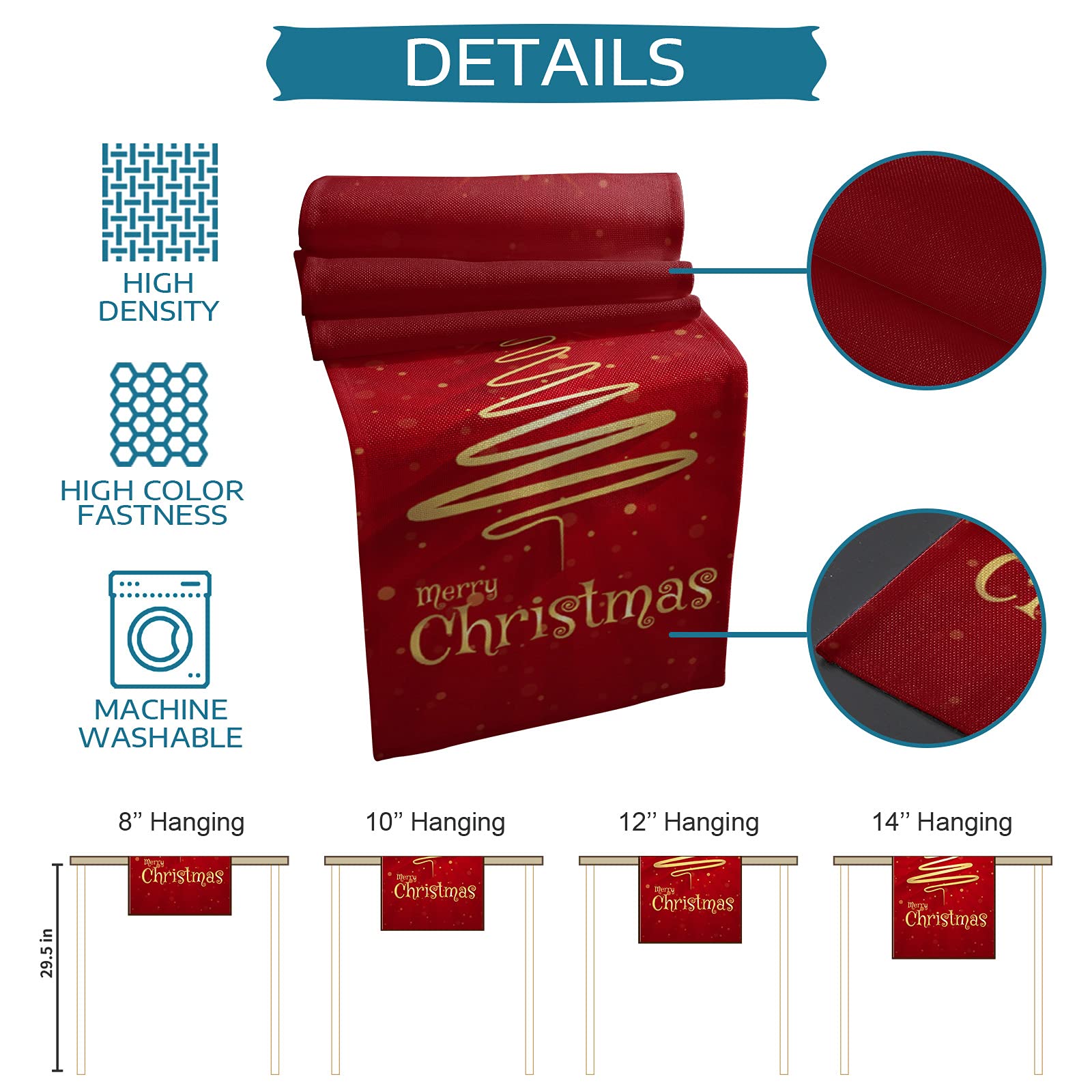 Lilmeme 36 Inch Christmas Tree Table Runner - Farmhouse Style Heat-Resistant Table Linen for Wedding, Coffee Table, Dining Holiday Party Decor - Indoor & Outdoor Use - Red