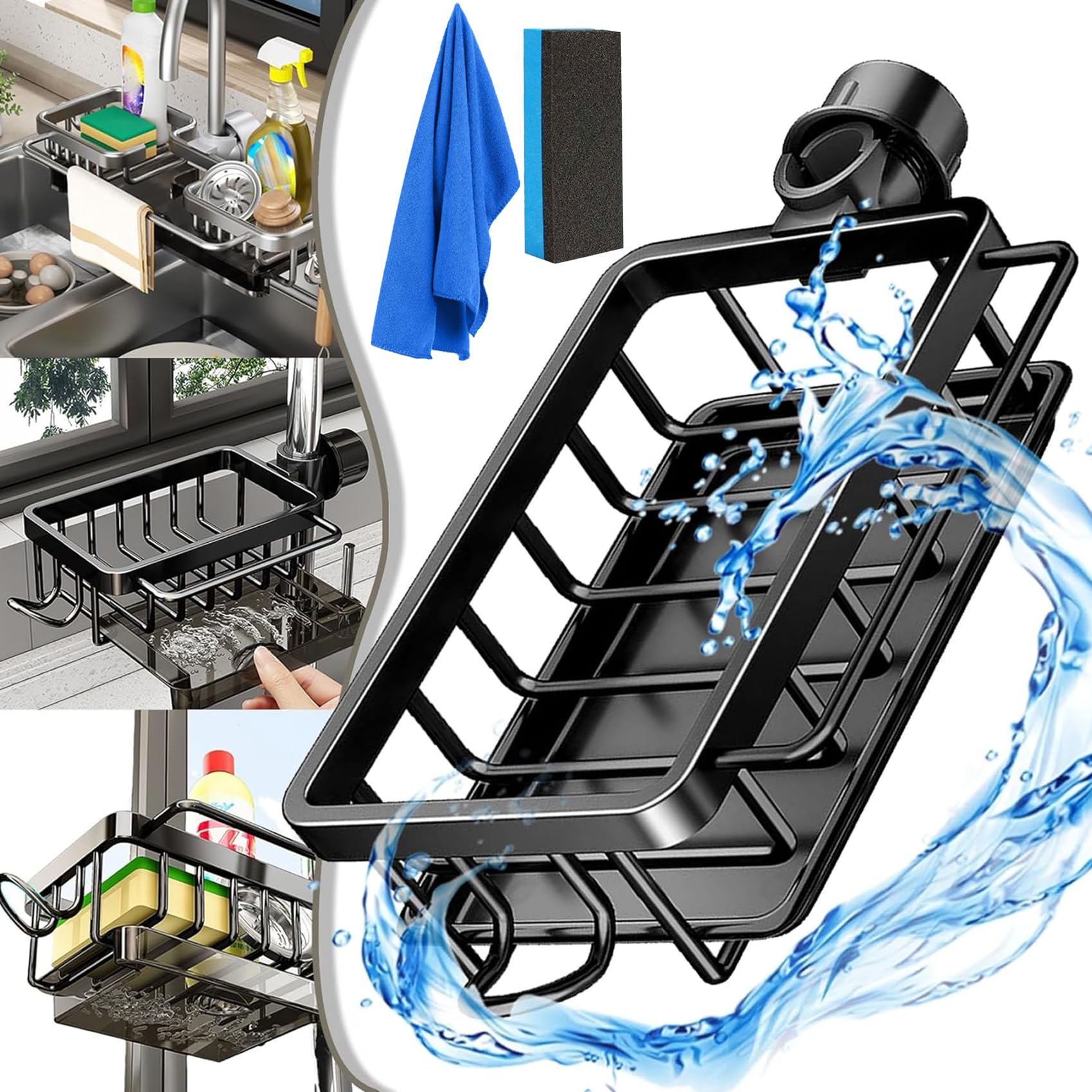 Multifunctional Kitchen Sink Organizer Rack for Sponge & Utensils - Black