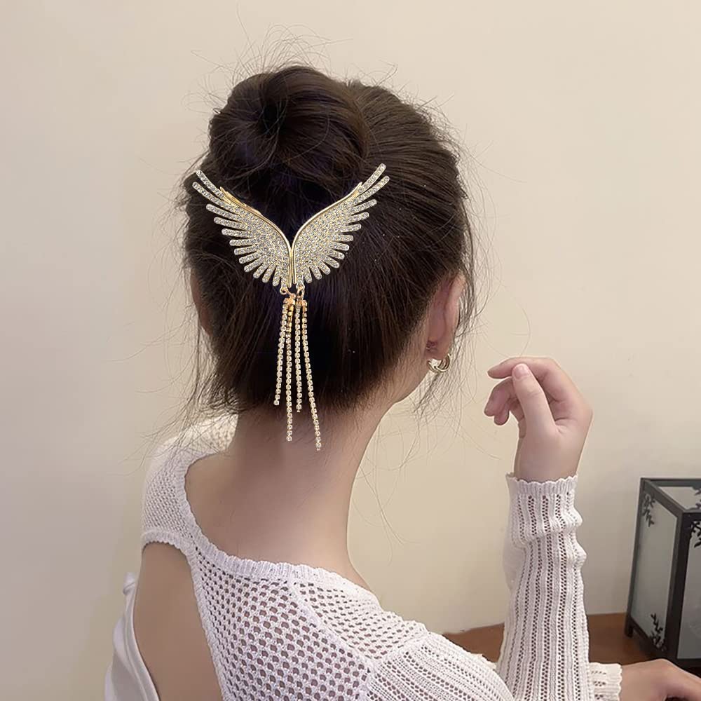 Sparkling EPARTY Angel Wings Rhinestone Hair Clips - Gold Tassel Claw Clips with Pearls for Women & Girls | Elegant Hair Barrettes for High Ponytails, Coiled Hairstyles & Party Accessories | Perfect for Weddings, Prom & Special Occasions