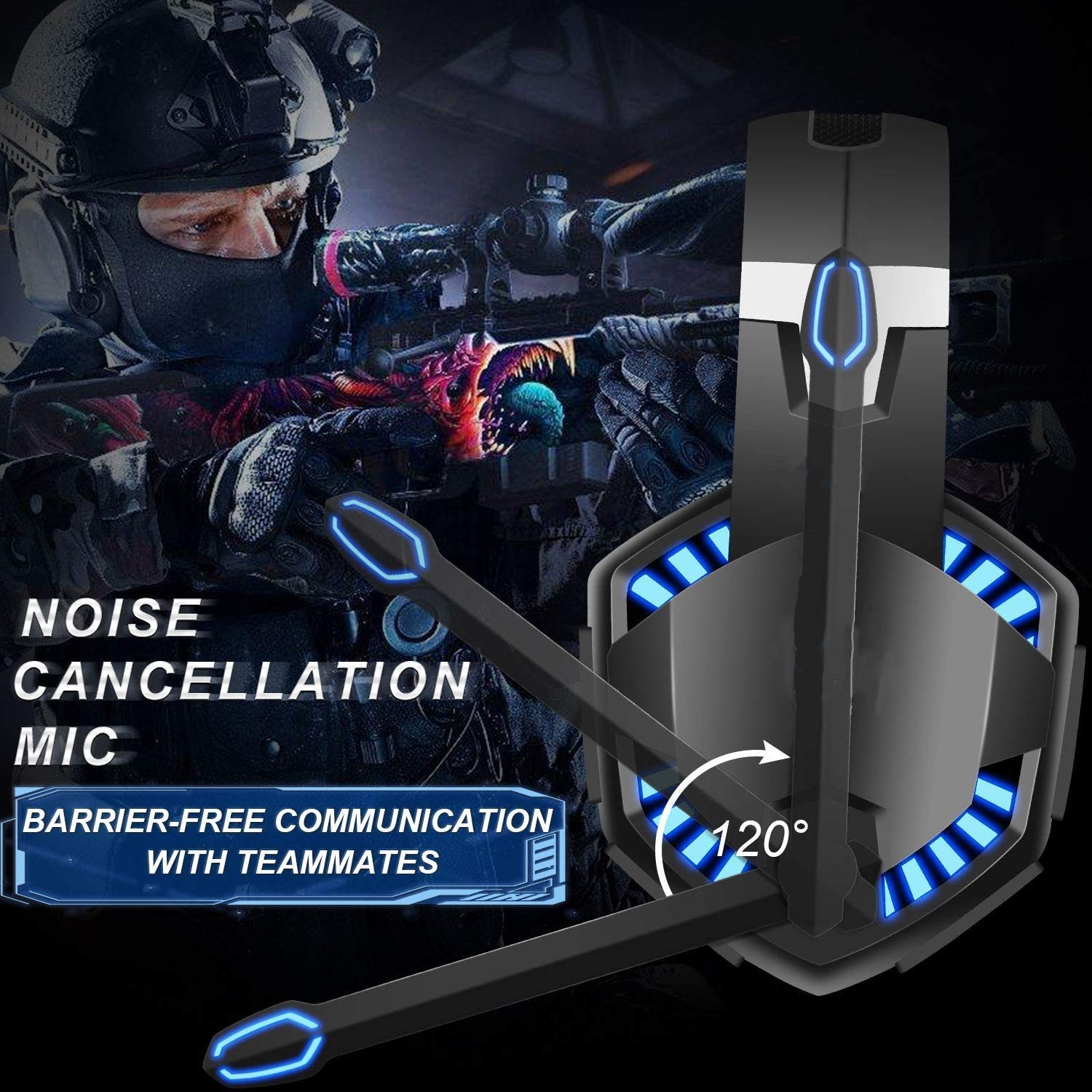 Blue LED Gaming Headset with Voice Changer - Over-Ear Headphones with Volume Control for PS4, Xbox One, Switch, PC, Phone & iPad | Perfect for Online Gaming, Streaming & Virtual Meetings