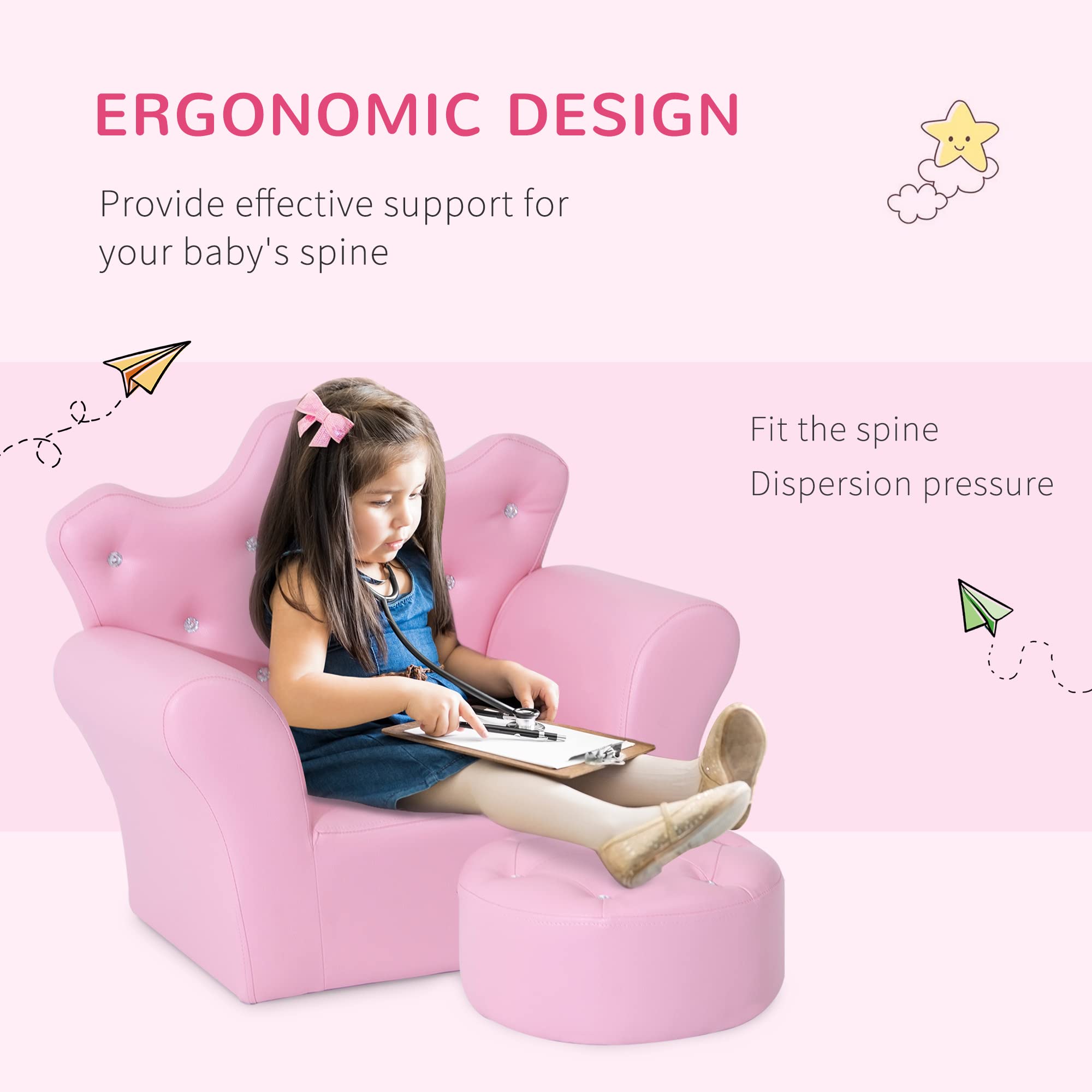 Qaba Kids Sofa Set - Pink Upholstered Princess Sofa with Footstool & Diamond Decorations, Toddler Chair for Girls & Boys, Perfect for Playroom, Bedroom & Nursery Decor
