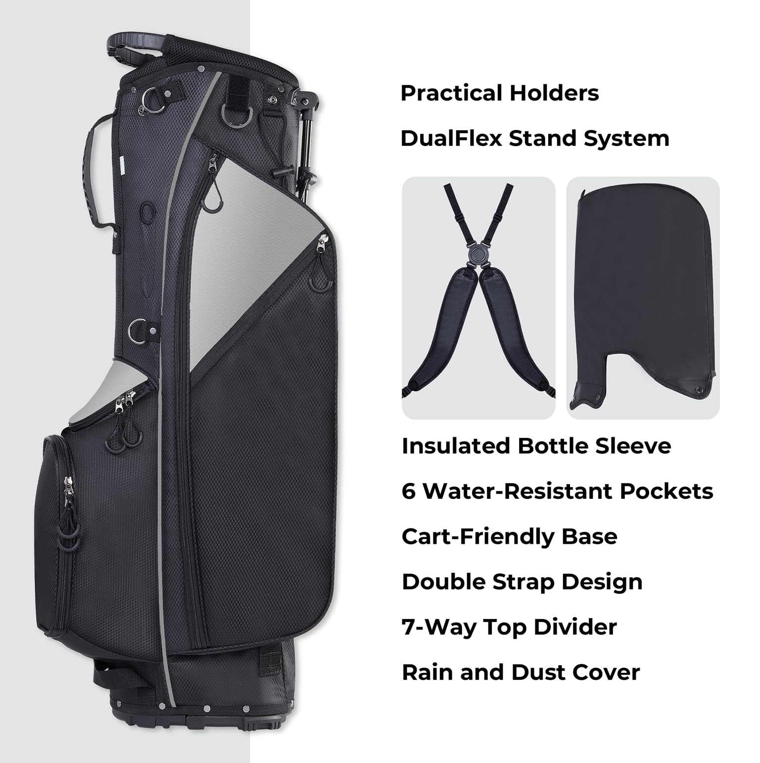 KYTAI Lightweight 7-Way Divider Golf Stand Bag for Men & Women - Dual Shoulder Straps, Stable Stand System, Multiple Storage Pockets, Rain Hood & Towel Ring - Perfect for Golf Course, Driving Range & Travel