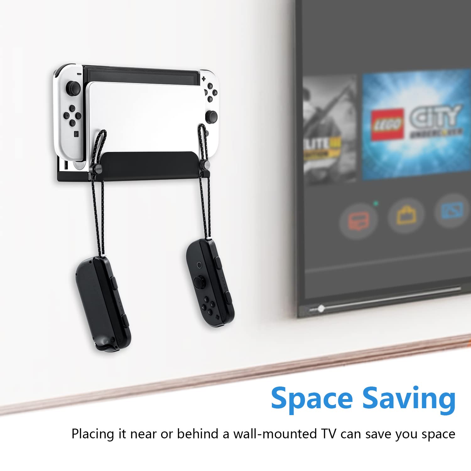 Mcbazel Wall Mount for Nintendo Switch OLED/NS Switch - Metal Wall Bracket with Joycon Hooks, Screw Set & Screwdriver - Space Saving Near or Behind TV - Black - Perfect for Gaming Rooms & Living Room Setups