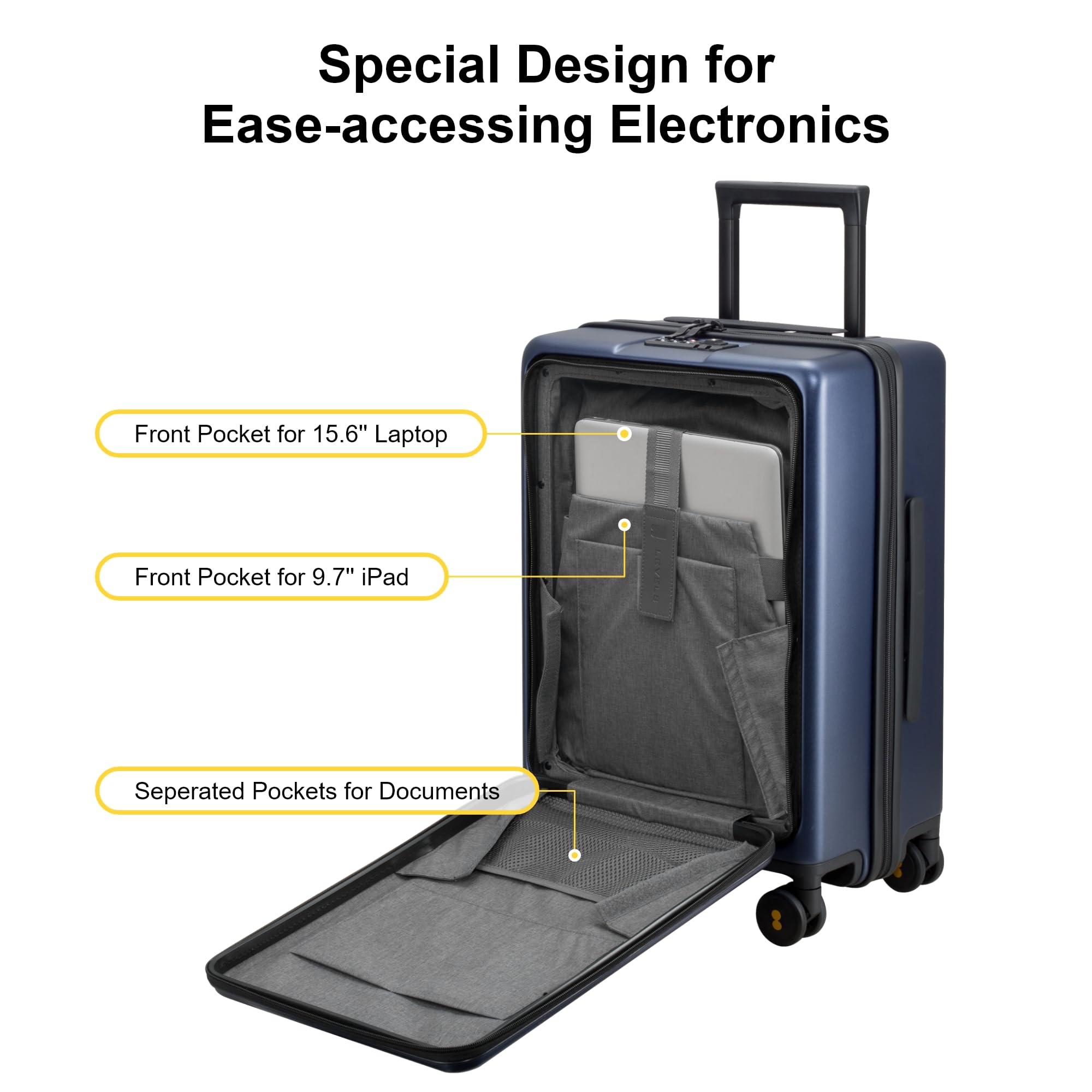 **Level8 20 Inch Lightweight Hard Shell Carry-On Luggage with Wheels - Airline Approved, TSA Locks, Front Pocket & Spacious Compartment - Navy Blue - Perfect for Business Travel & Weekend Getaways**